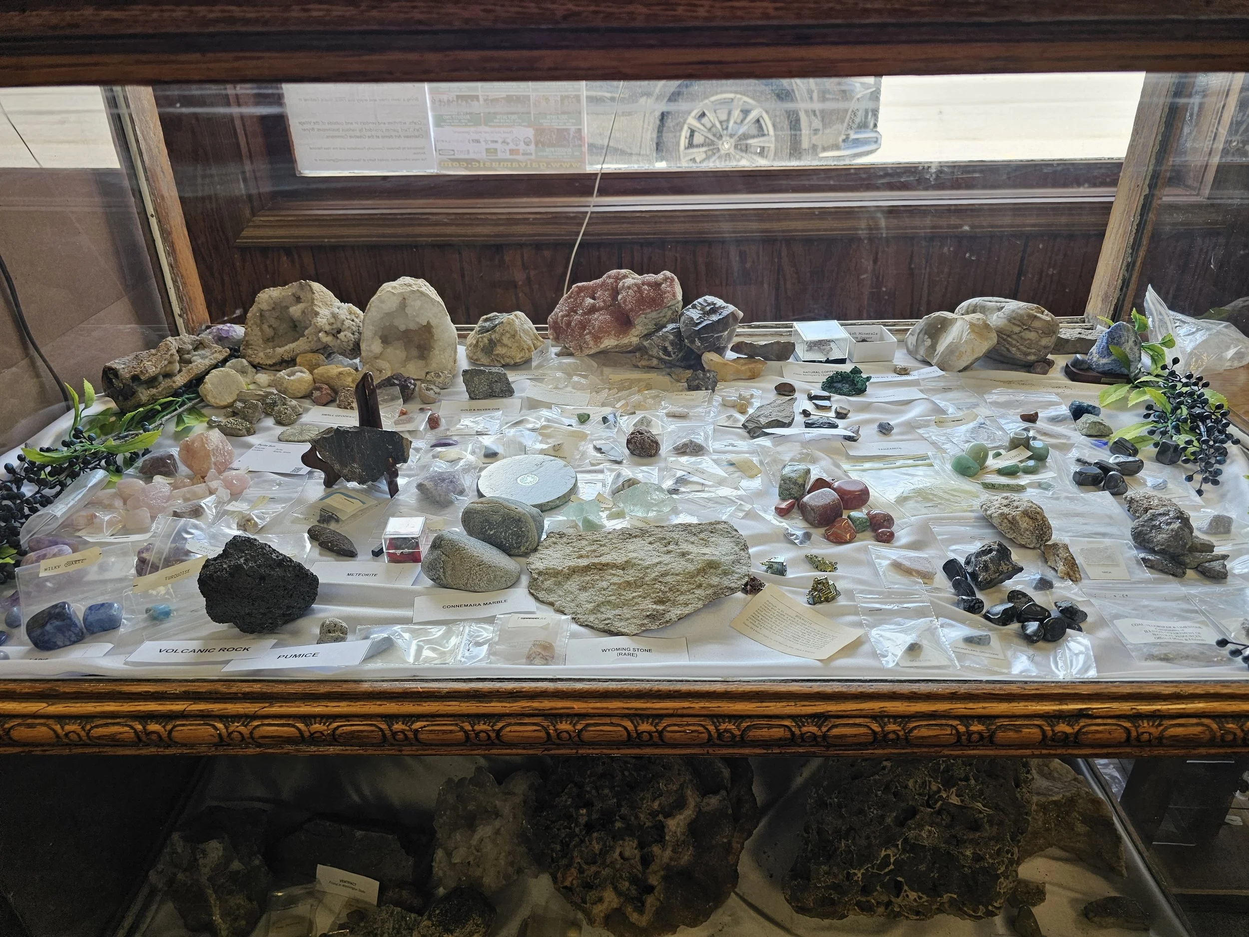 Display case filled with labeled rocks and mineral specimens.