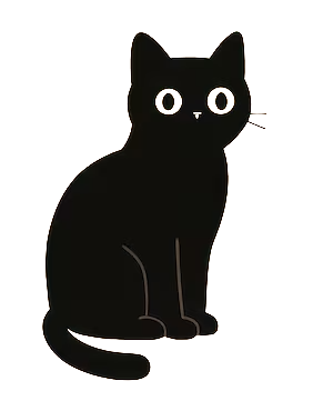 Illustration of a black cat with big yellow eyes, sitting upright with a simple background.