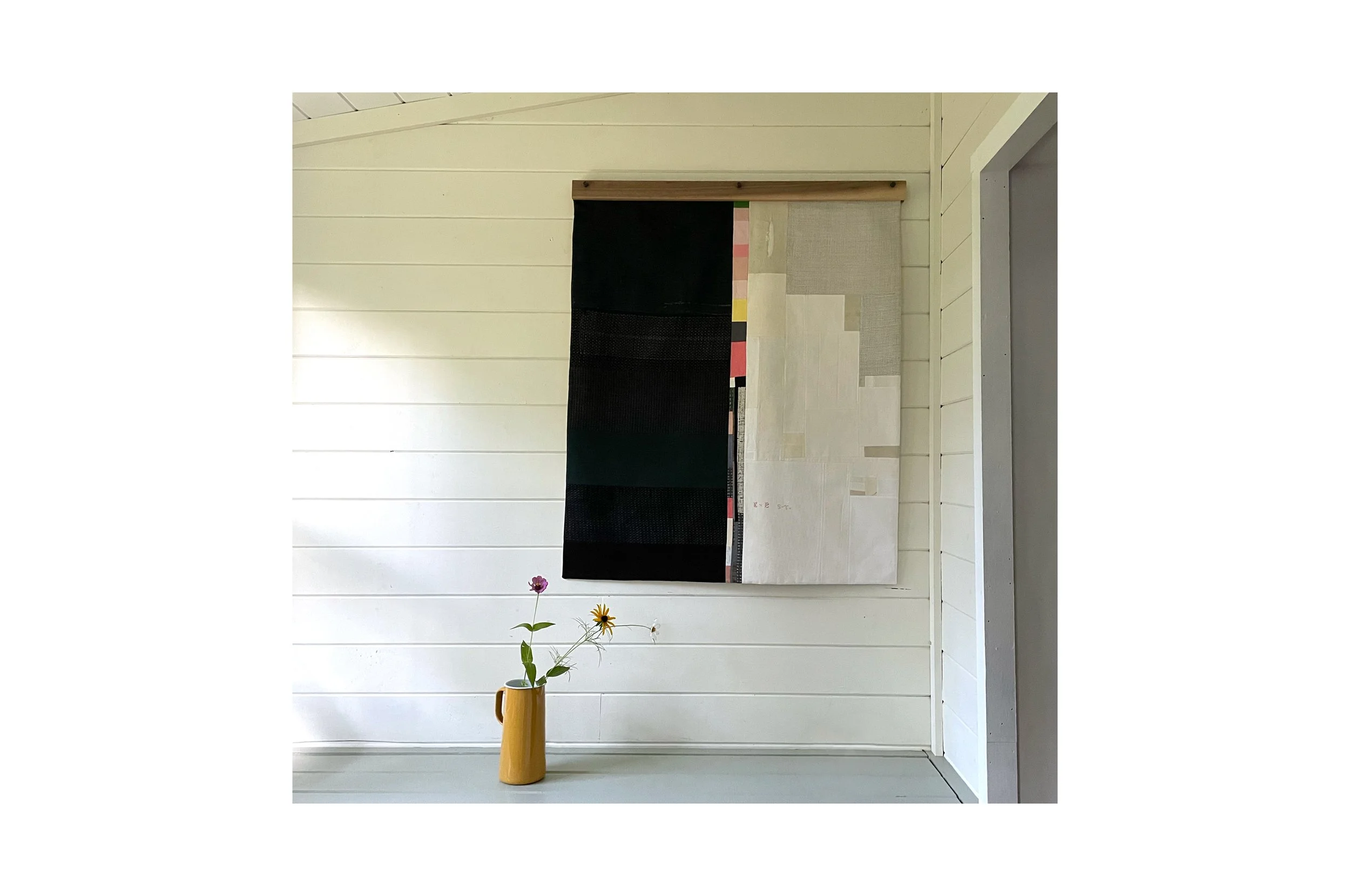 "I Hear Myself Best When I'm Sleeping."
Cotton/linen/vintage fabrics/vintage needlepoint/cotton batting.
36 X 42 inches.