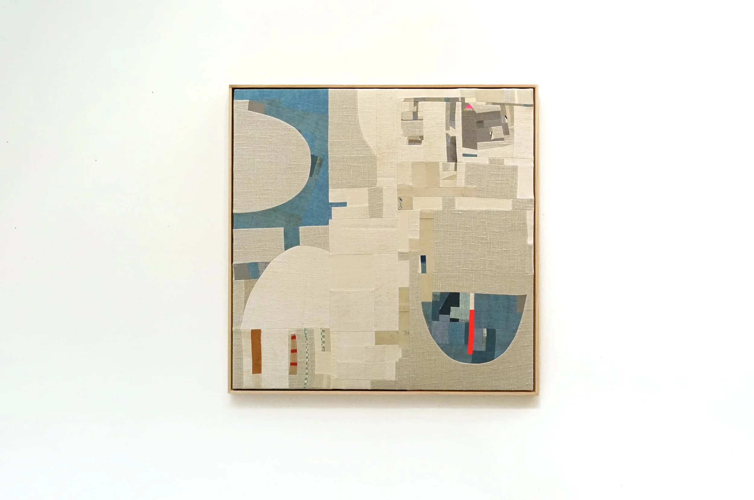 "Stepping Down Into Live Water- for Charlotte".
Vintage cotton/linen/wool and satin remnants/hand dyed indigo stretched on beech panel. 36 × 36 inches.