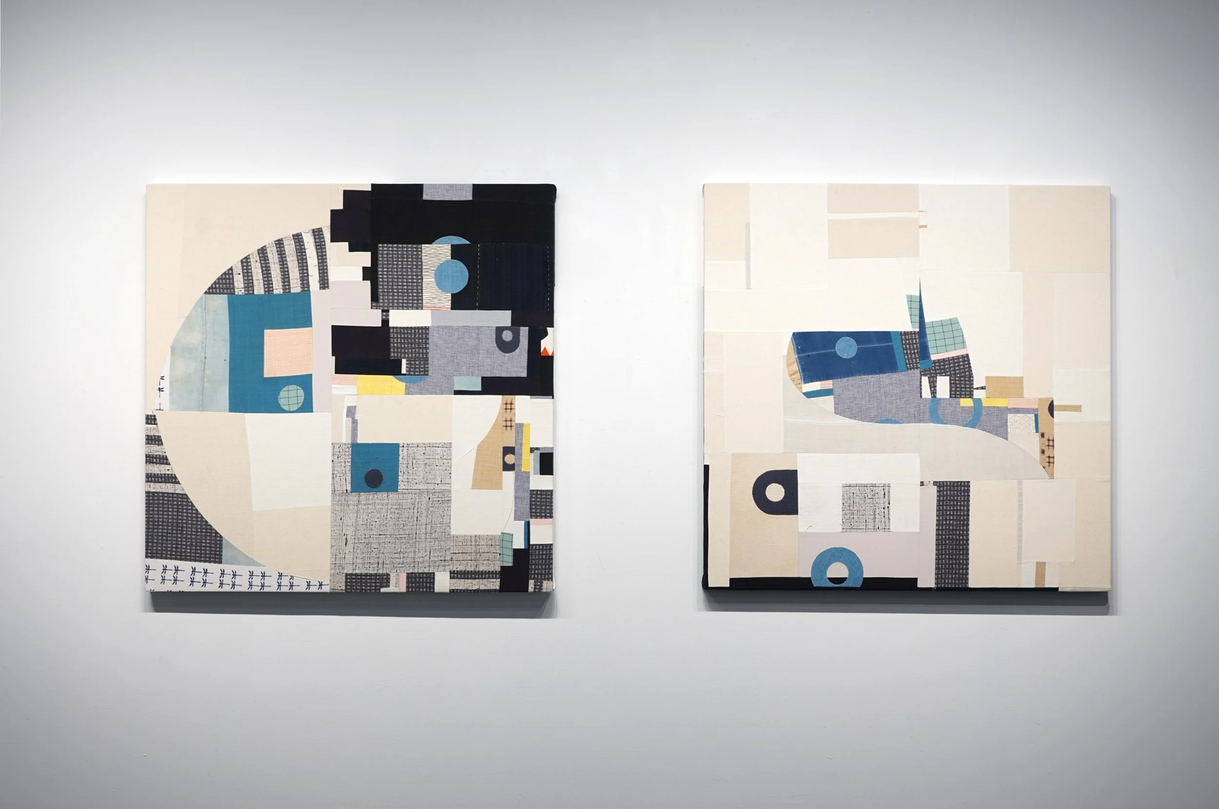 “Cradle and Held.” 2026 
Patched fabric and appliqué stretched on wooden panels. Each panel 36 x 36 inches.
