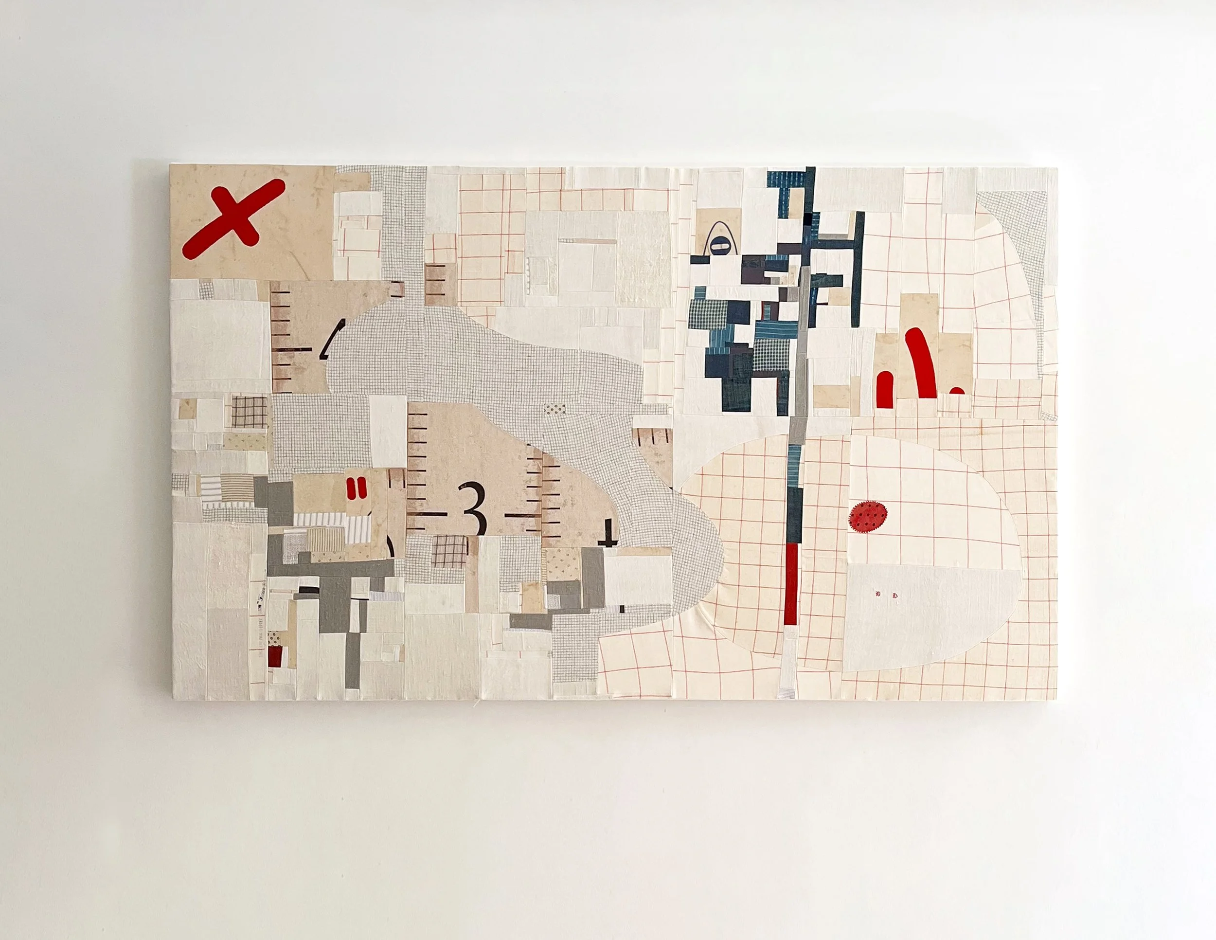 "Waxing Gibbous In Pisces." 2025
60 x 36 inches. Stretched patchwork on wooden panel. 
Vintage linen/cotton/Japanese advertising banner/ found height chart.

