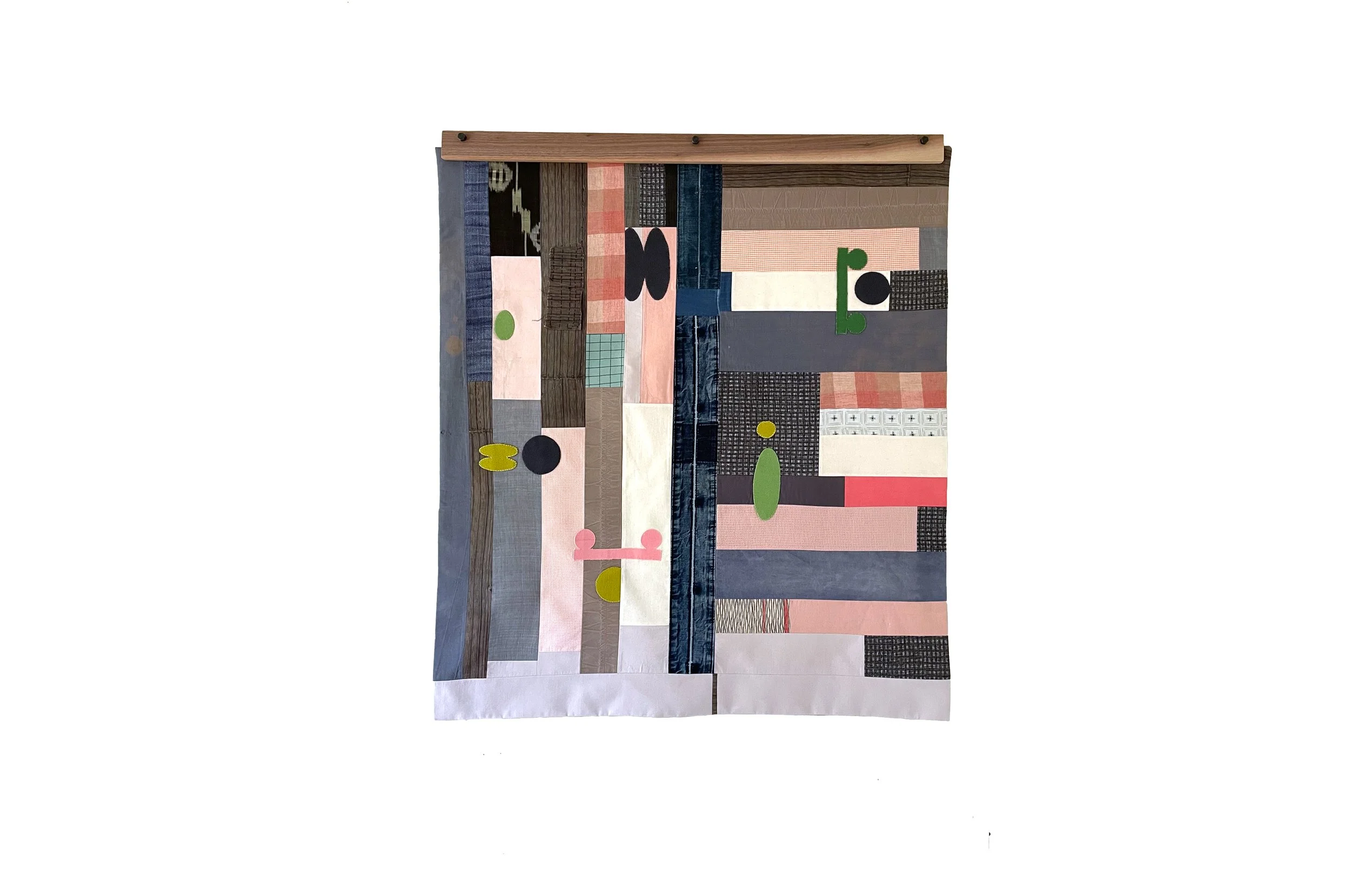 "Synchronicity."
Cotton/ wool /denim/ vintage remnants.
36 X 41 inches.
