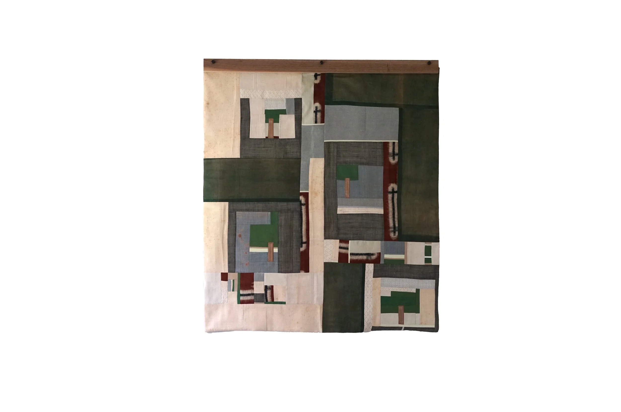 "Mount Airy."
Cotton/ wool /denim/ vintage remnants.
36 X 41 inches.