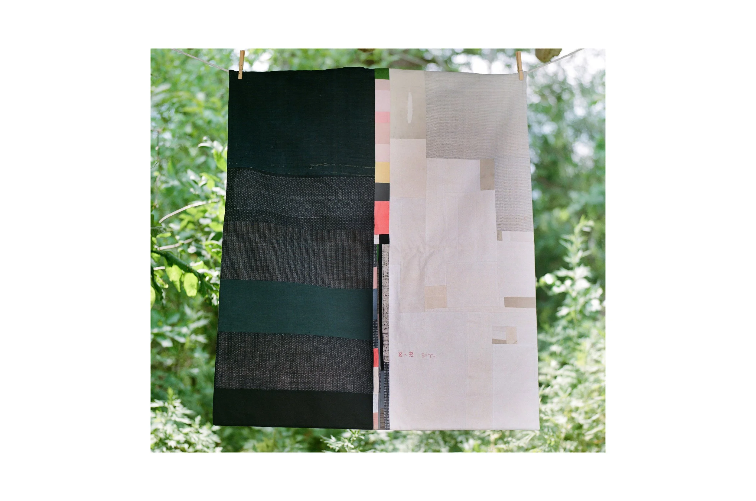 "I Hear Myself Best When I'm Sleeping."
Cotton/linen/vintage fabrics/vintage needlepoint/cotton batting.
36 X 42 inches.