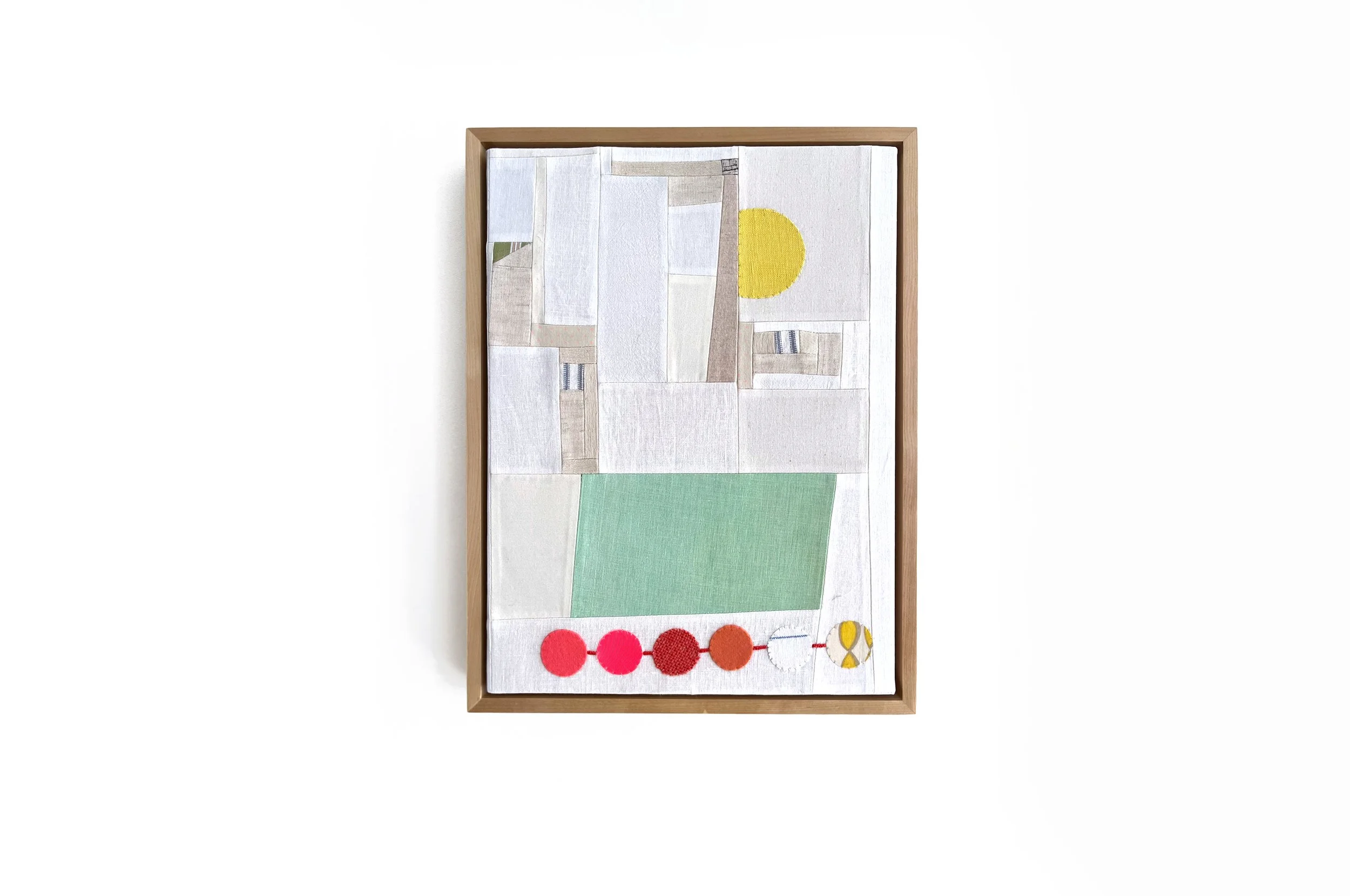 "All Together In The Sun."
Cotton/linen/wool/applique/hand embroidery, stretched on beech panel.
17.25 x 13.25 inches.

