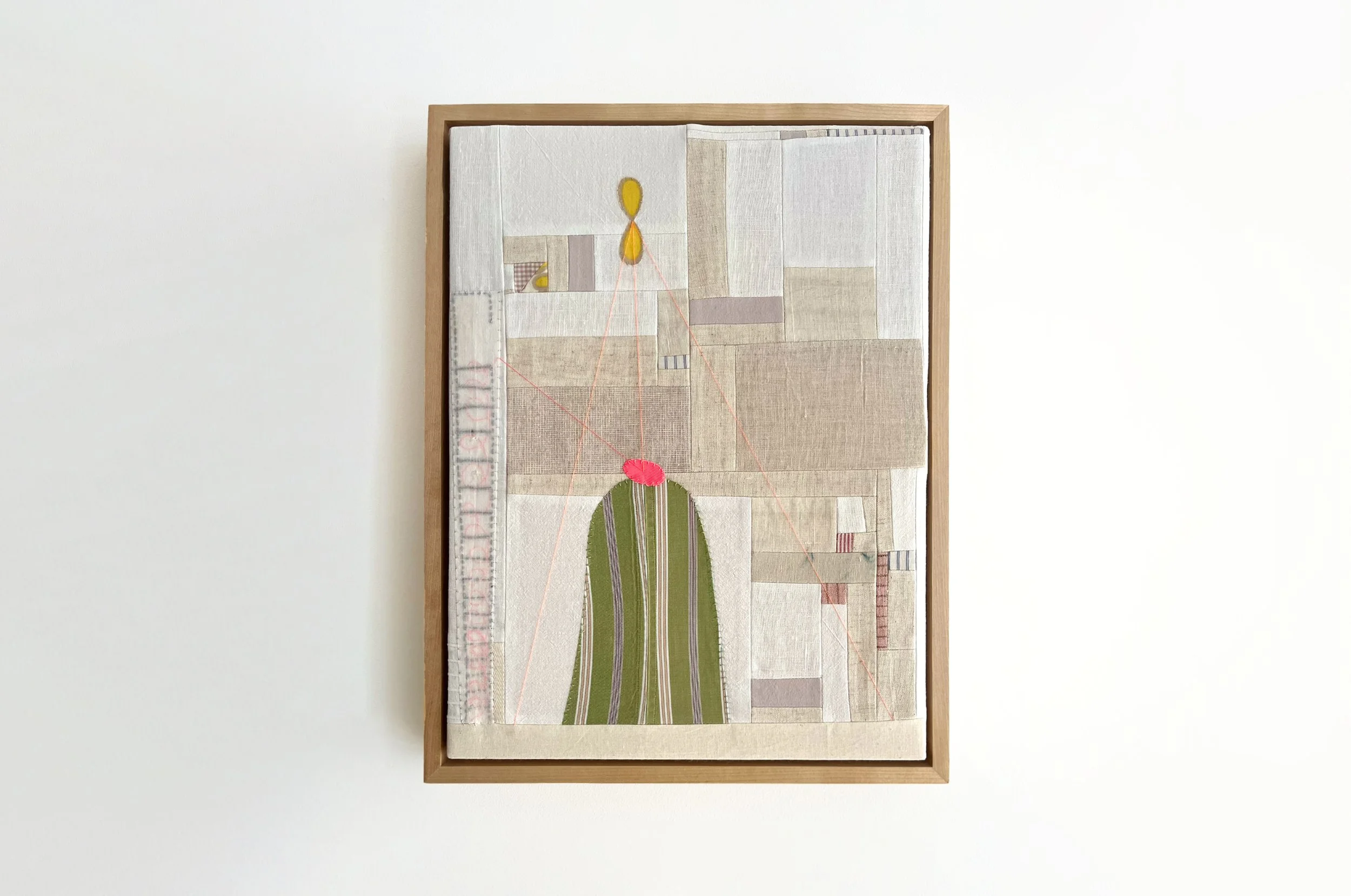 "Finally Getting Out."
Cotton/ linen/vintage shirting/ ribbon/ hand embroidery /applique stretched on beech panel.
17.25 x 13.25 inches.

