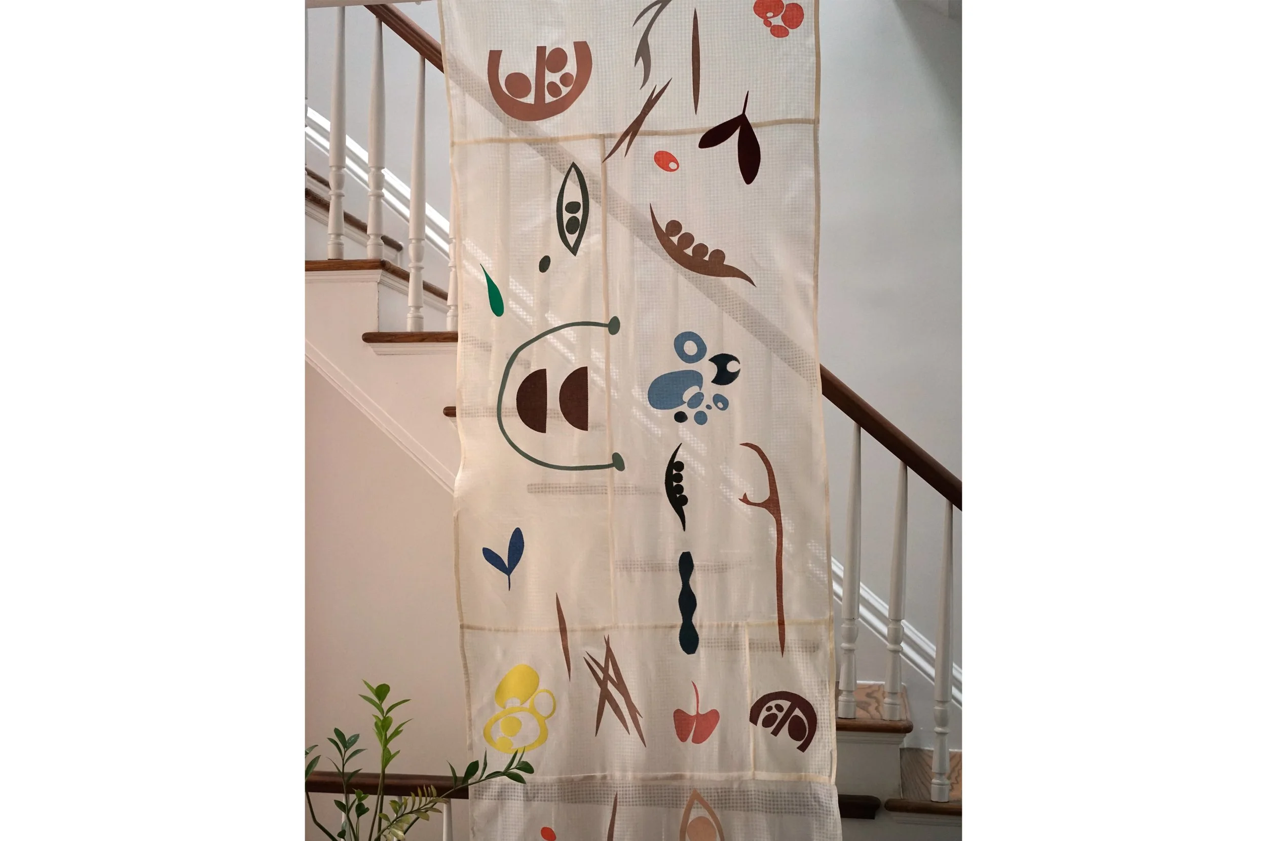 
"Fruition." 2024
Made with off-cuts and swatches from the production of the M.PATMOS 2024 fall collection for the store window for the 2024 New York Textile Month.

Cotton gingham voile/ hand appliqued miscellaneous remnants. 
35 × 92 inches.
