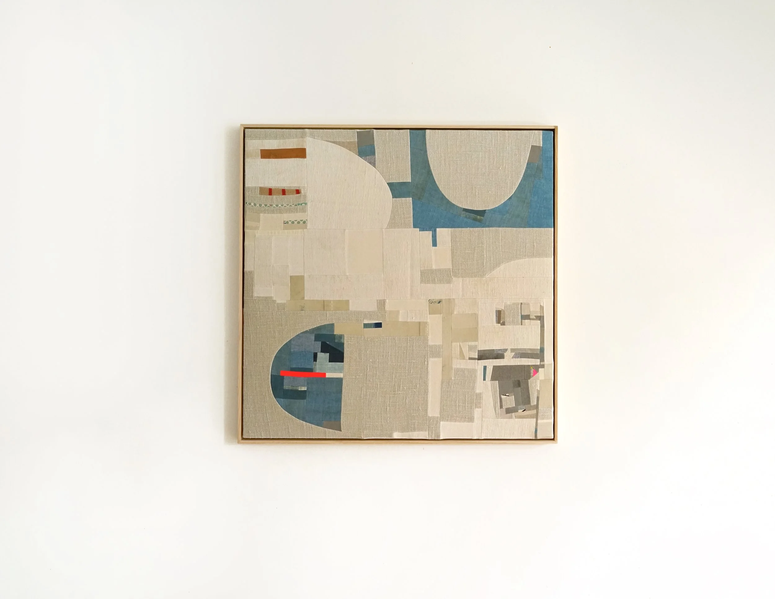 "Stepping Down Into Live Water- for Charlotte".
Vintage cotton/linen/wool and satin remnants/hand dyed indigo stretched on beech panel. 36 × 36 inches.
