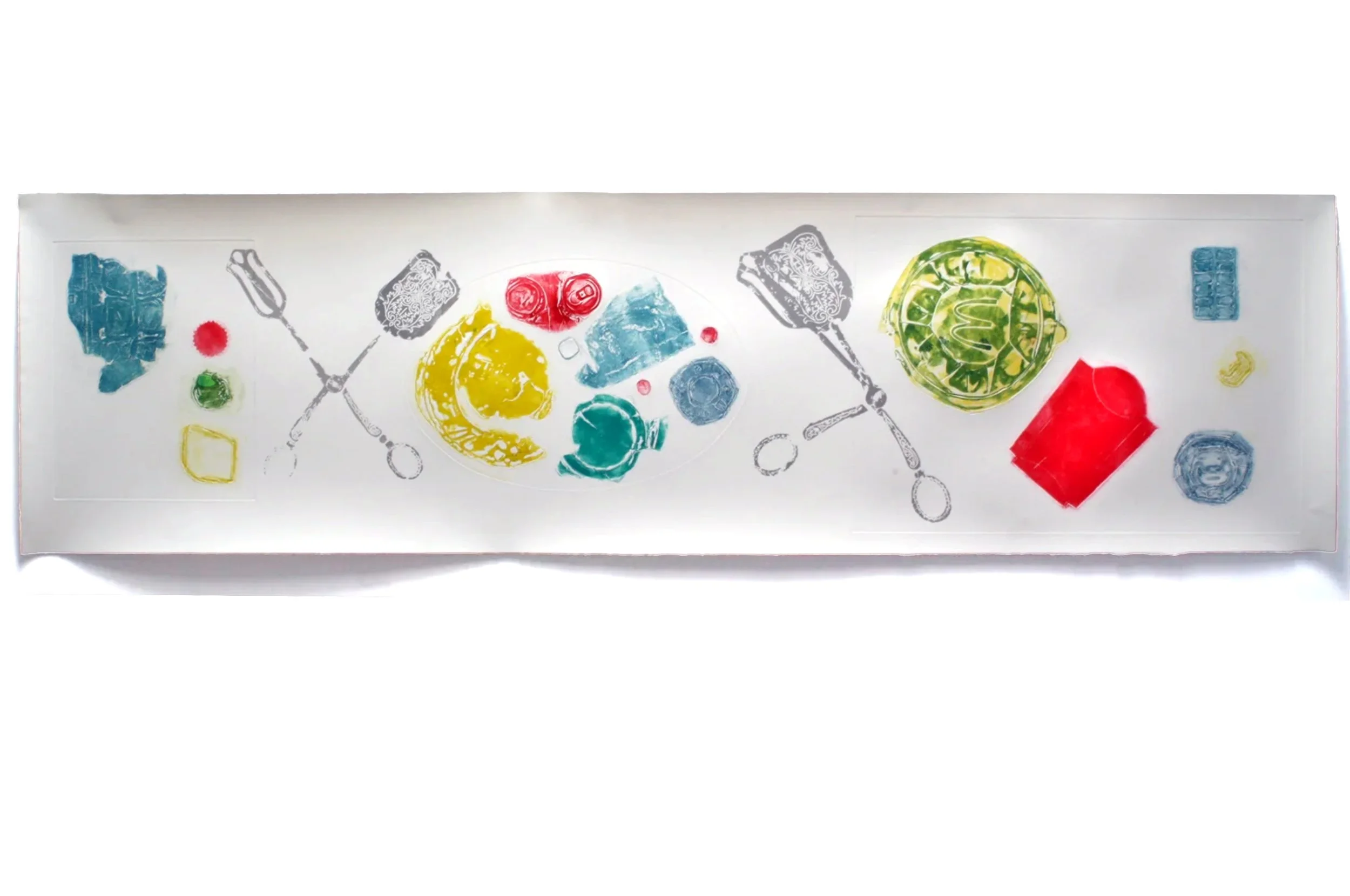 "Apicius 2" 
Collograph and Silk Screen on paper.
19 x 70 inches. Edition of 1.