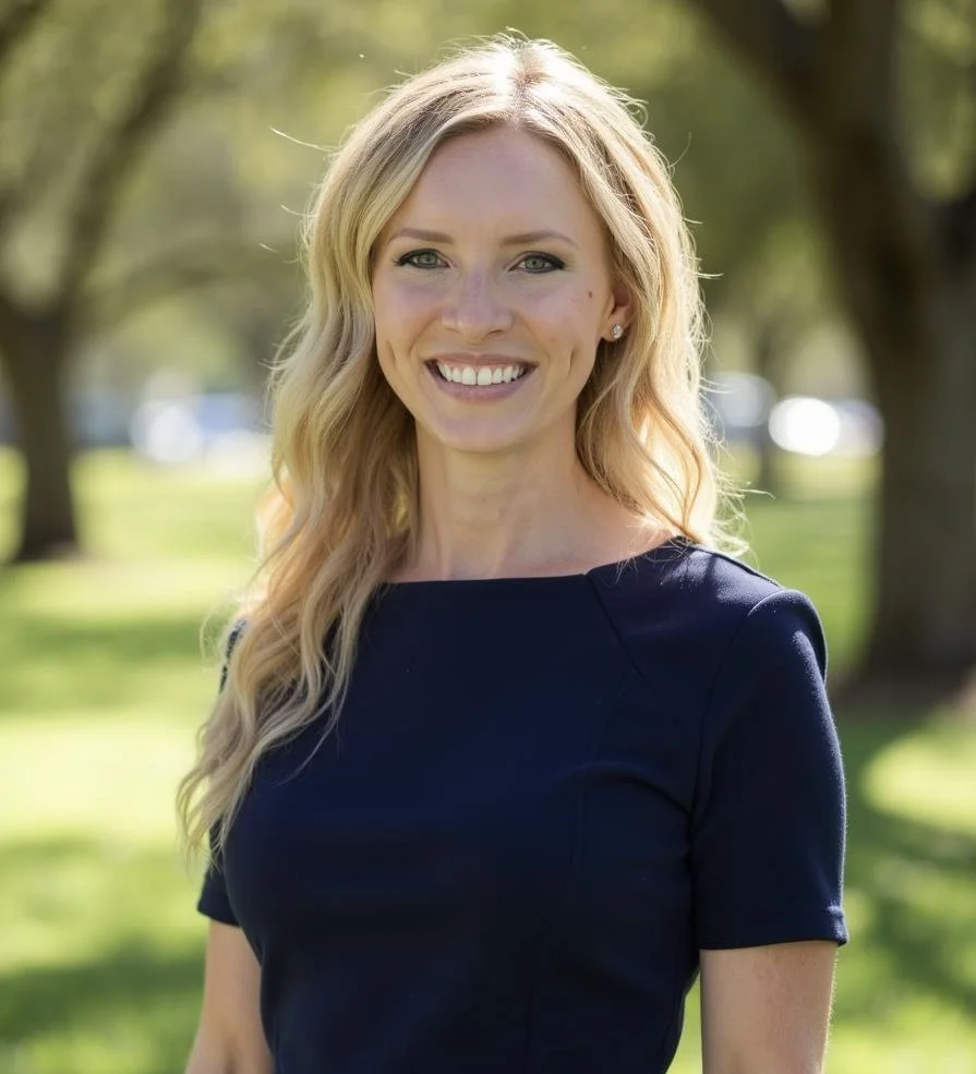 A young woman with long wavy blonde hair, smiling, wearing a navy blue dress, standing outdoors in a park with trees and sunlight.