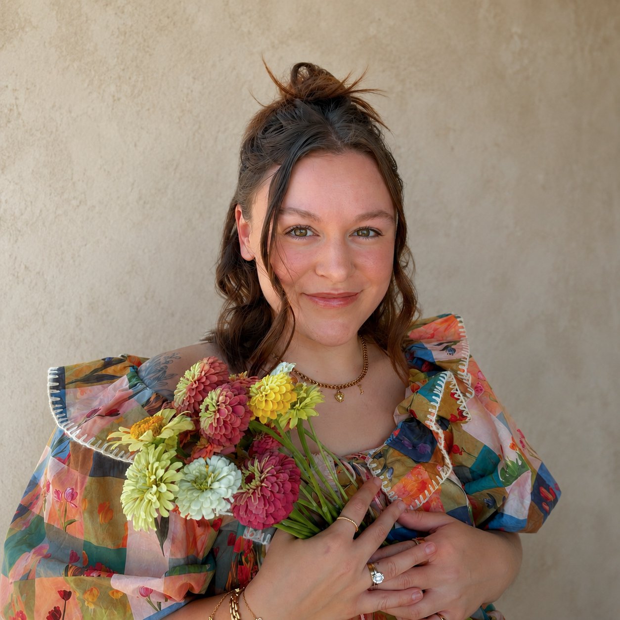 A woman with brown curly hair in a half-up style, smiling, holding a bouquet of colorful flowers, wearing a floral dress with ruffled sleeves, gold jewelry, and a subtle makeup look, standing against a plain beige wall.