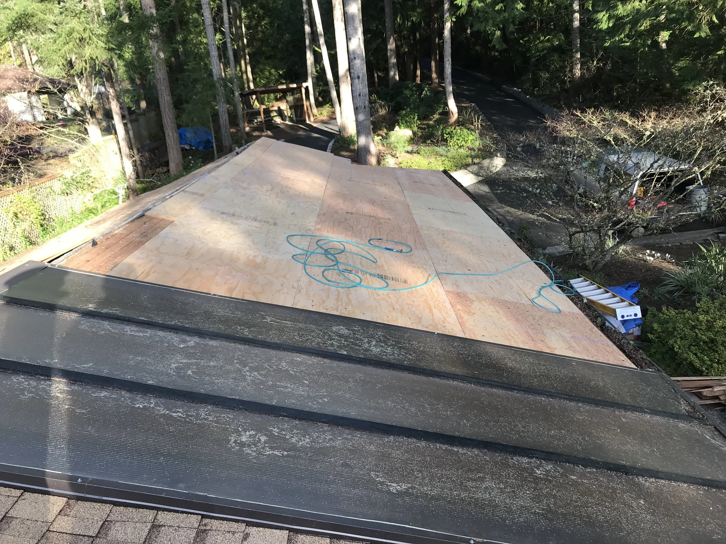 Construction site with plywood on roof, black shingles on lower part, and a blue extension cord. Background shows trees and a winding driveway.