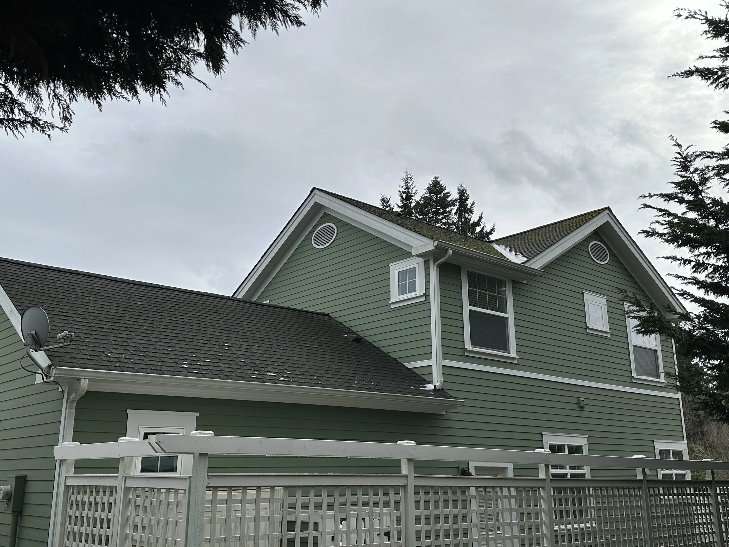 Backyard view of a green two-story house with gray shingle roof, white trim, and a white privacy fence. Tall evergreen trees and an overcast sky are in the background.