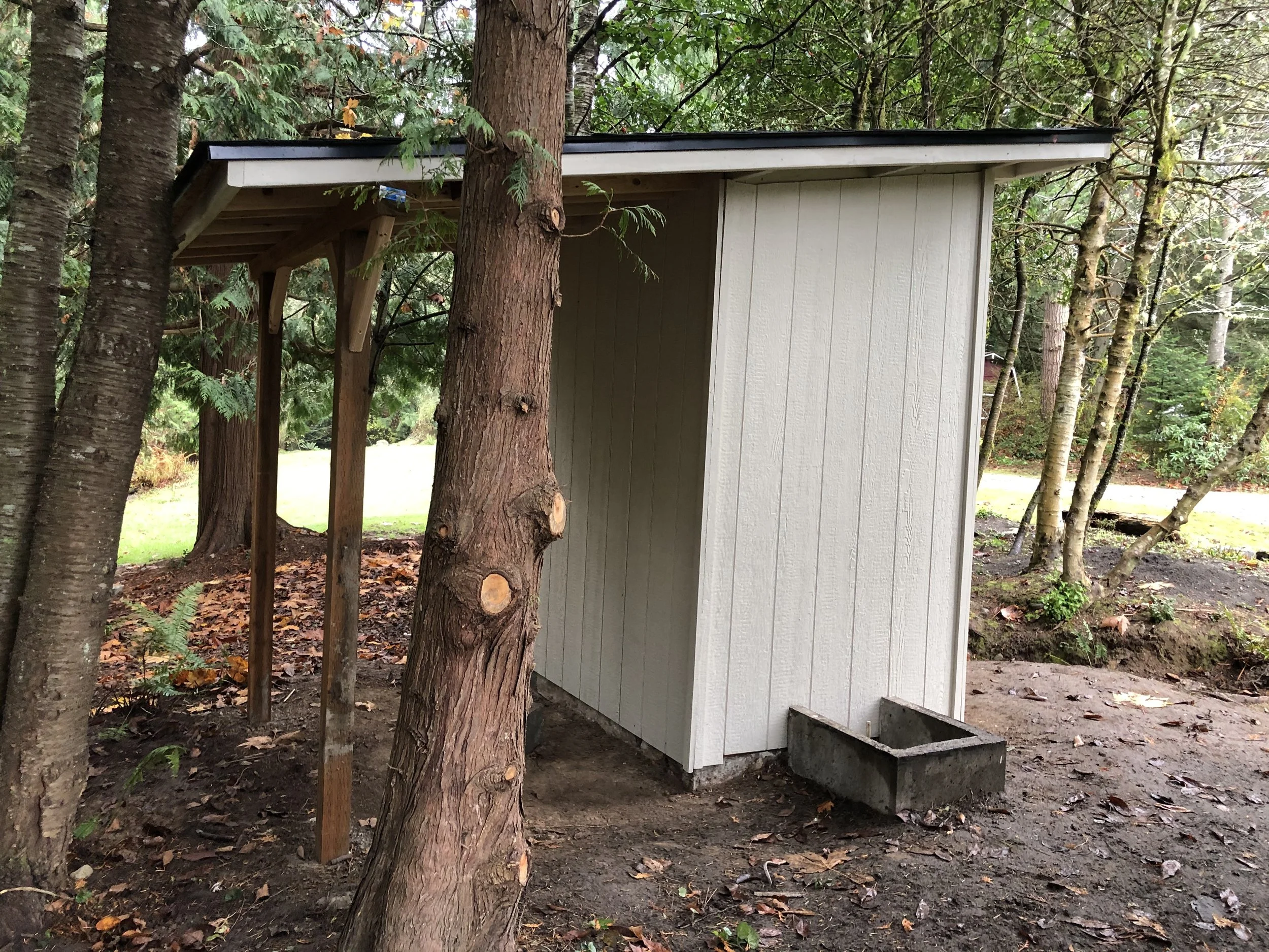 An outdoor shed with a sloped black roof, beige siding, and open side, situated among trees with a mix of green and yellow leaves in a wooded area.