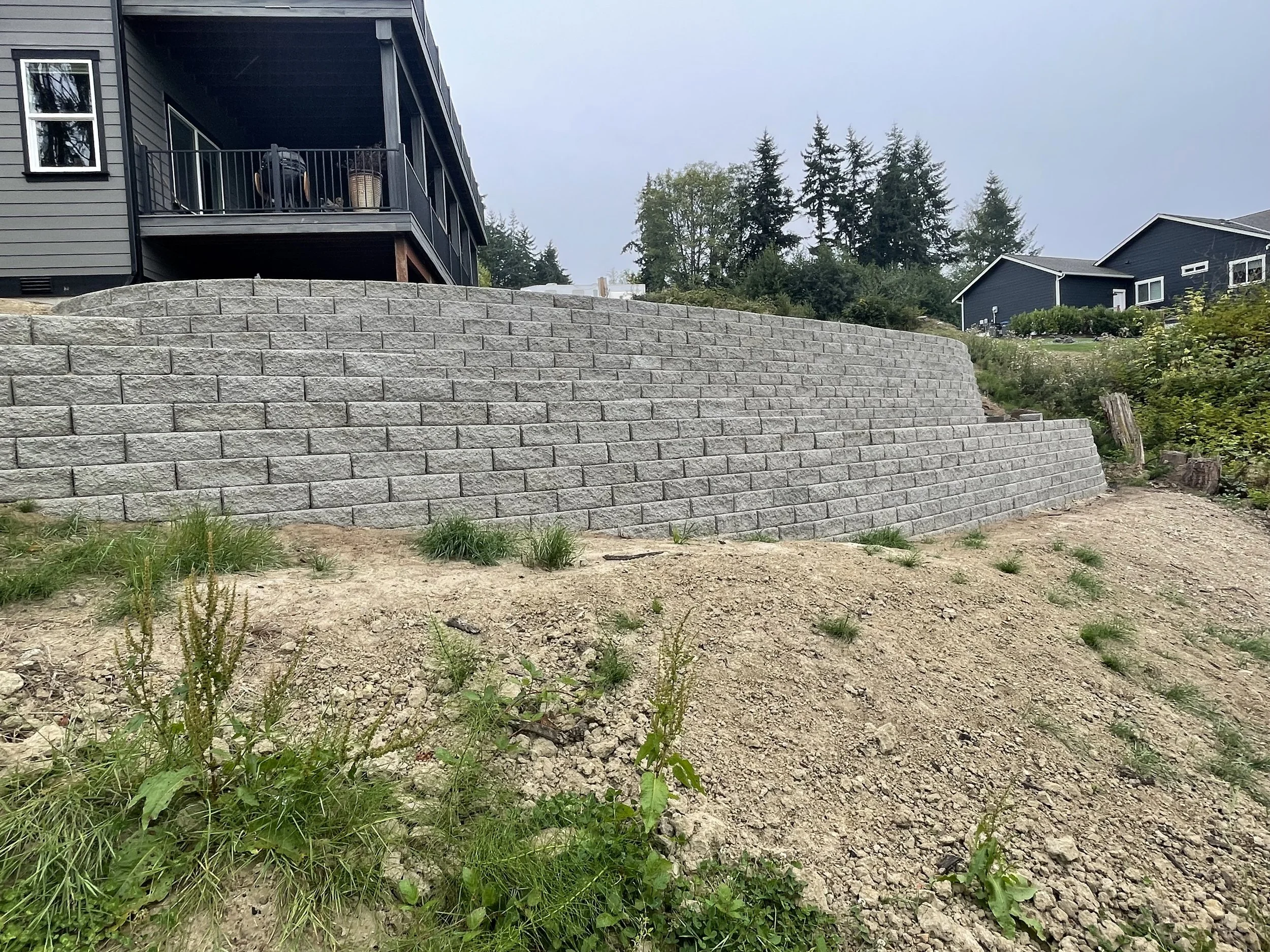 A slope with a gray brick retaining wall, a house with gray siding and a balcony, and another house with dark siding in the background. There is grass and plants in the foreground and tall trees behind.