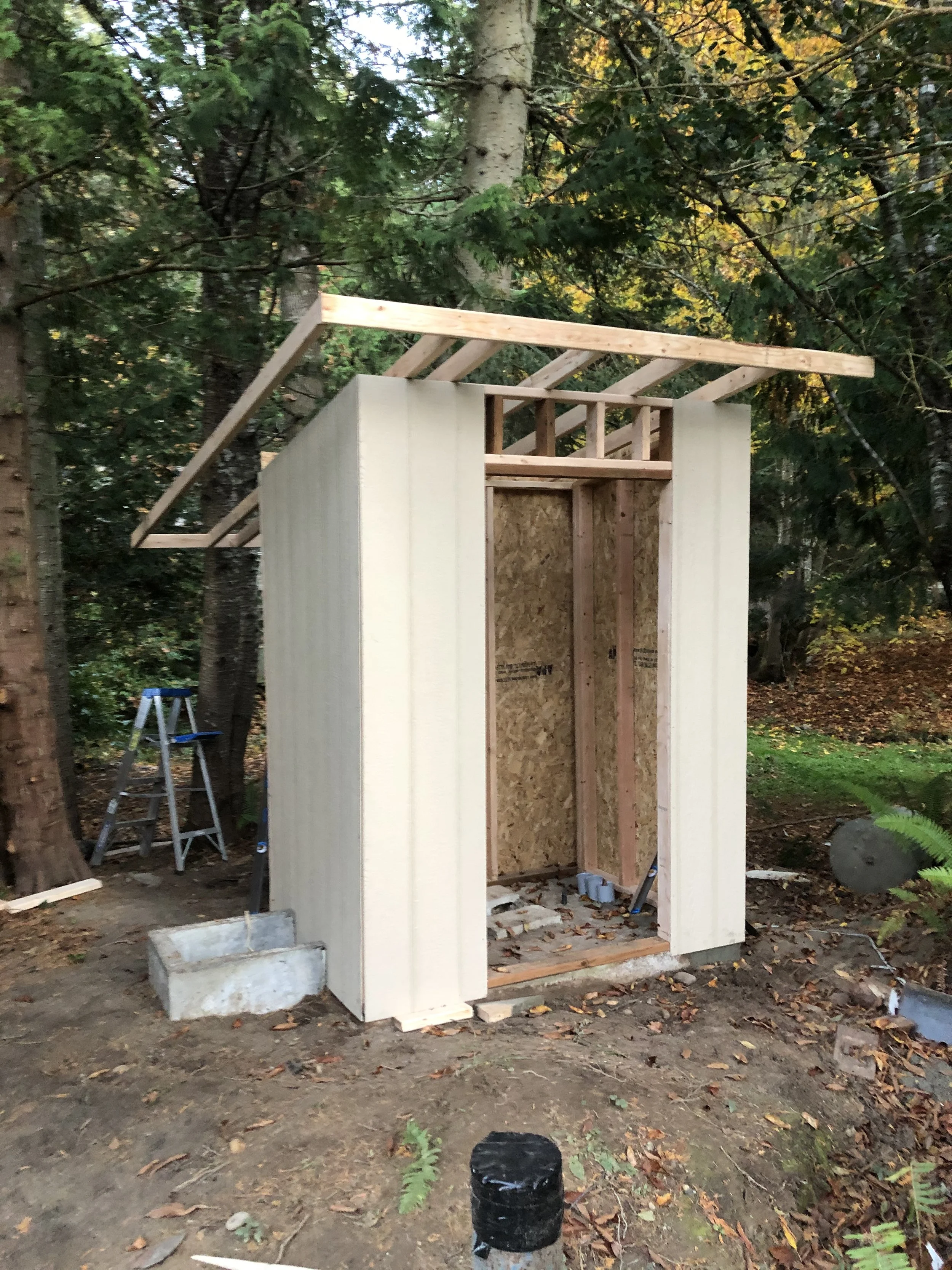 Wooden framing of a small structure under construction in a wooded area, with trees and autumn leaves in the background.