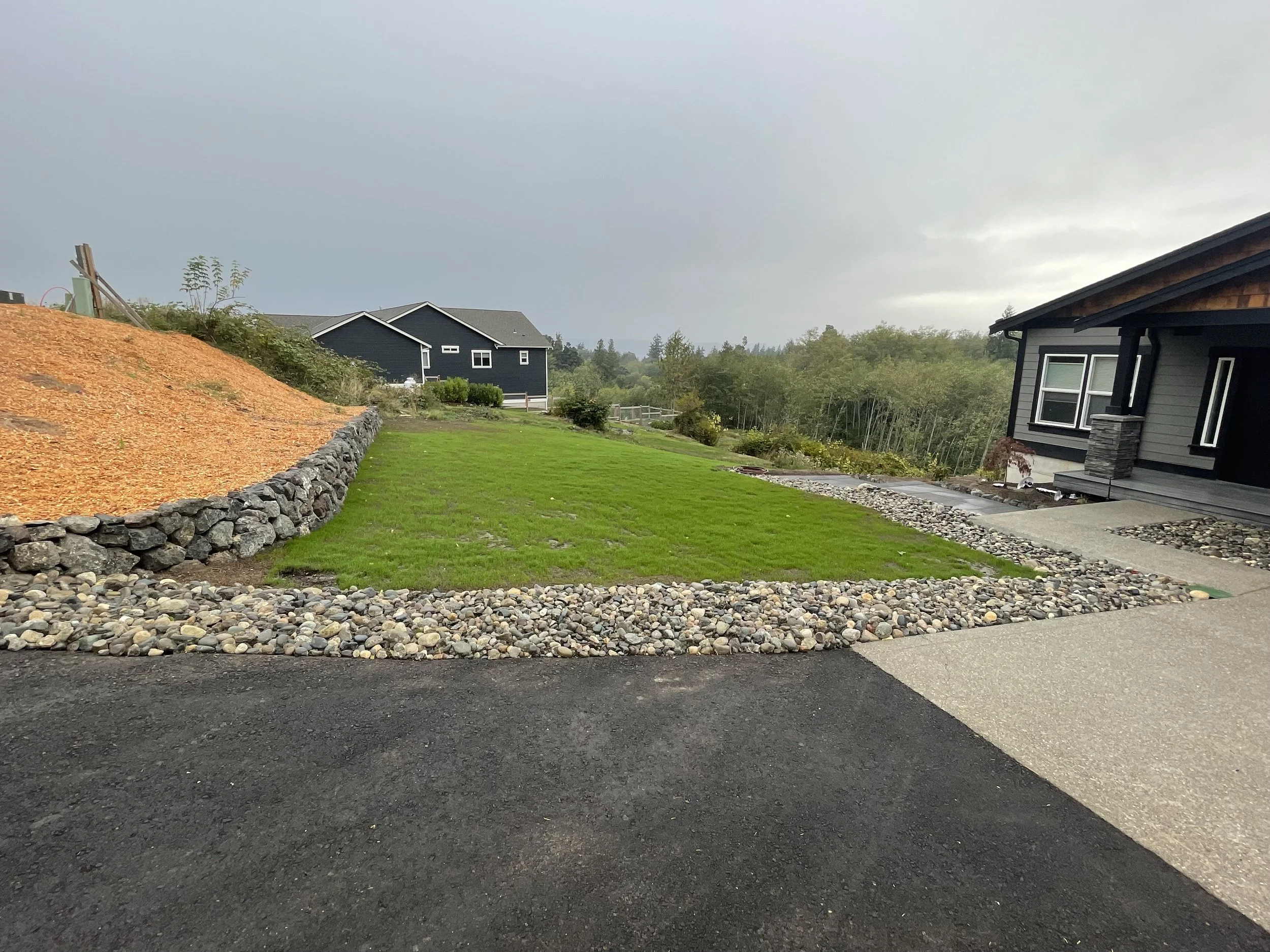 Residential backyard with green lawn, a stone-bordered garden bed, gravel path, house with gray siding, and cloudy sky.