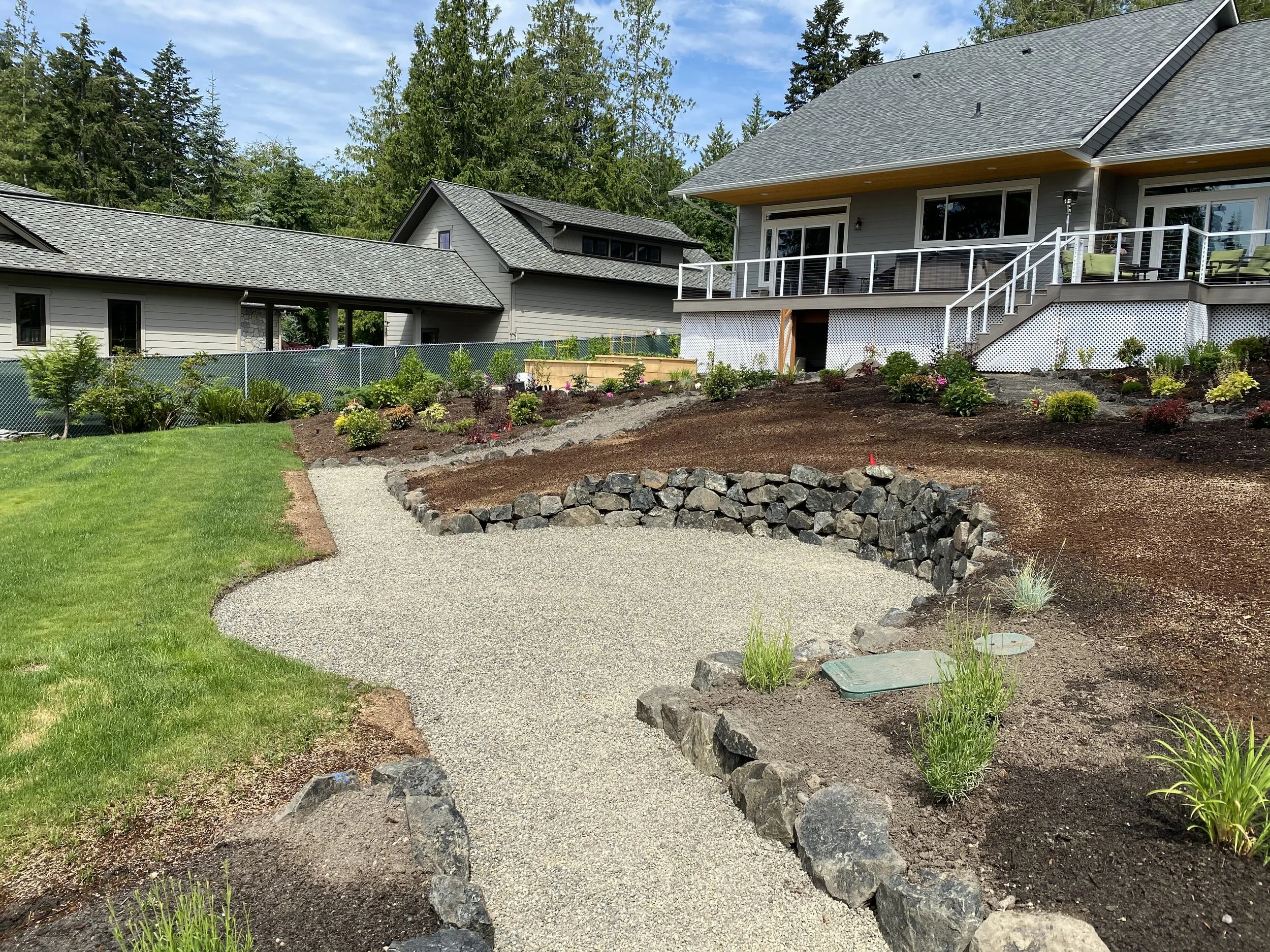 A backyard garden with freshly laid gravel pathway, flower beds, a stone border, and a two-story house with a deck and stairs, surrounded by lush green trees under a partly cloudy sky.