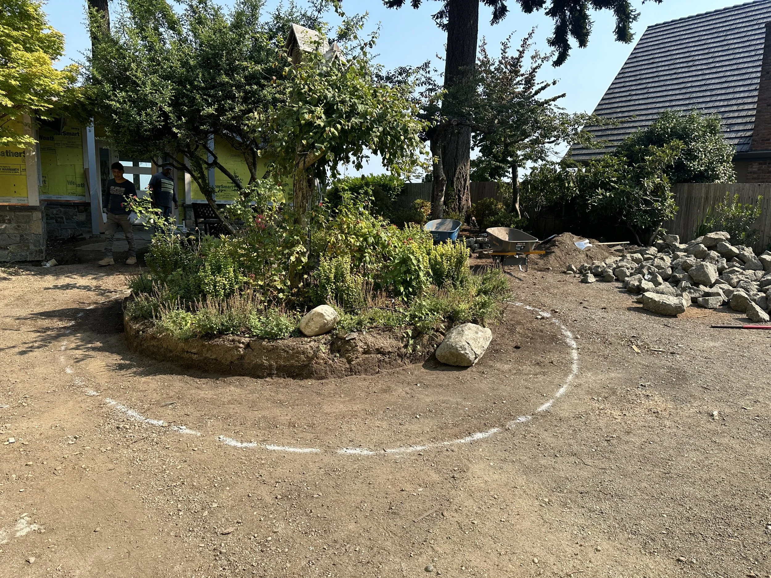 A backyard with trees and plants, a construction area with wheelbarrows, rocks, and white markings on the dirt, and a house under construction with yellow insulation and two workers visible.