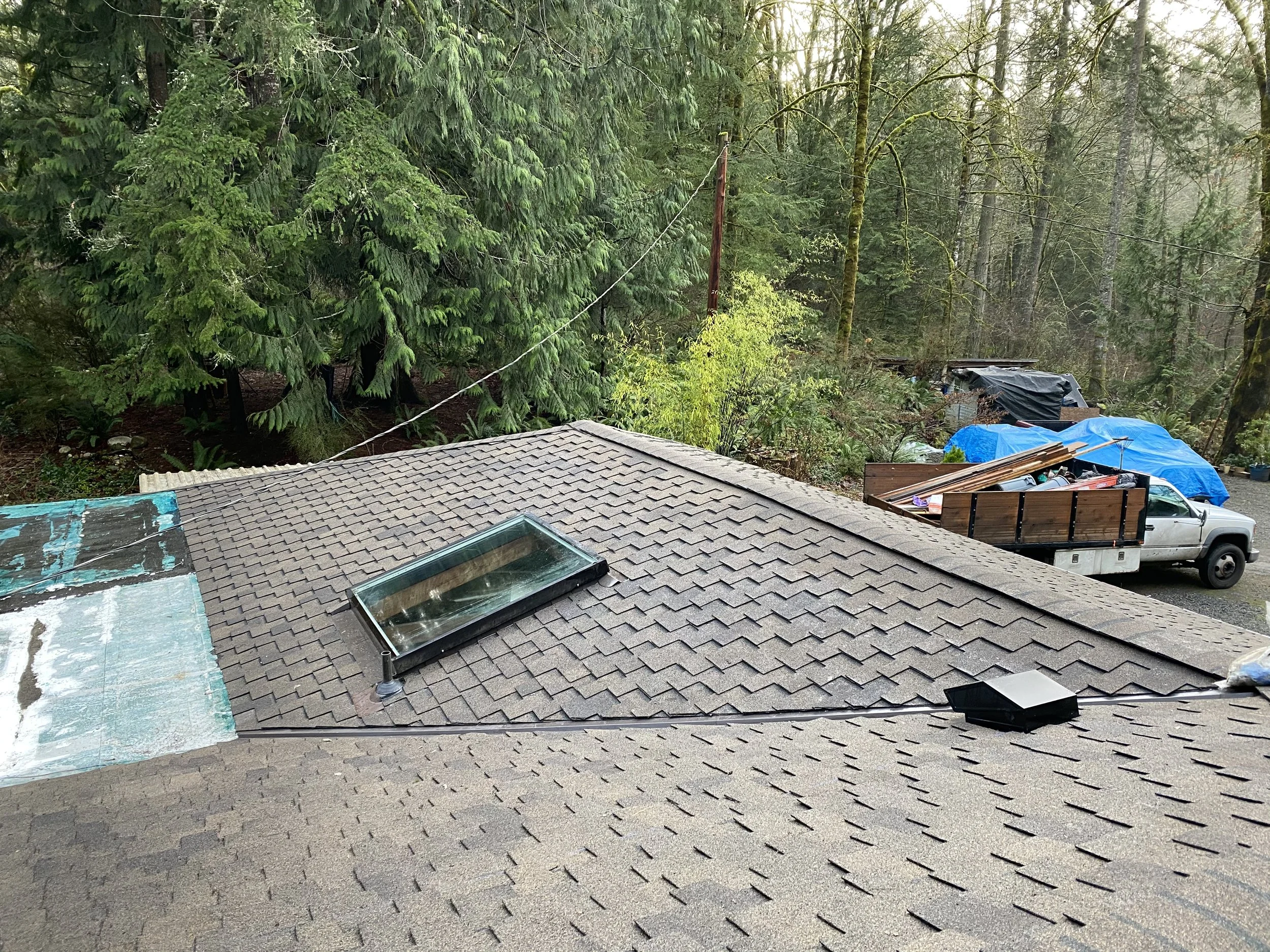 View of a residential rooftop with skylights, surrounded by dense forest, with some construction or storage items covered with blue tarps on the side.
