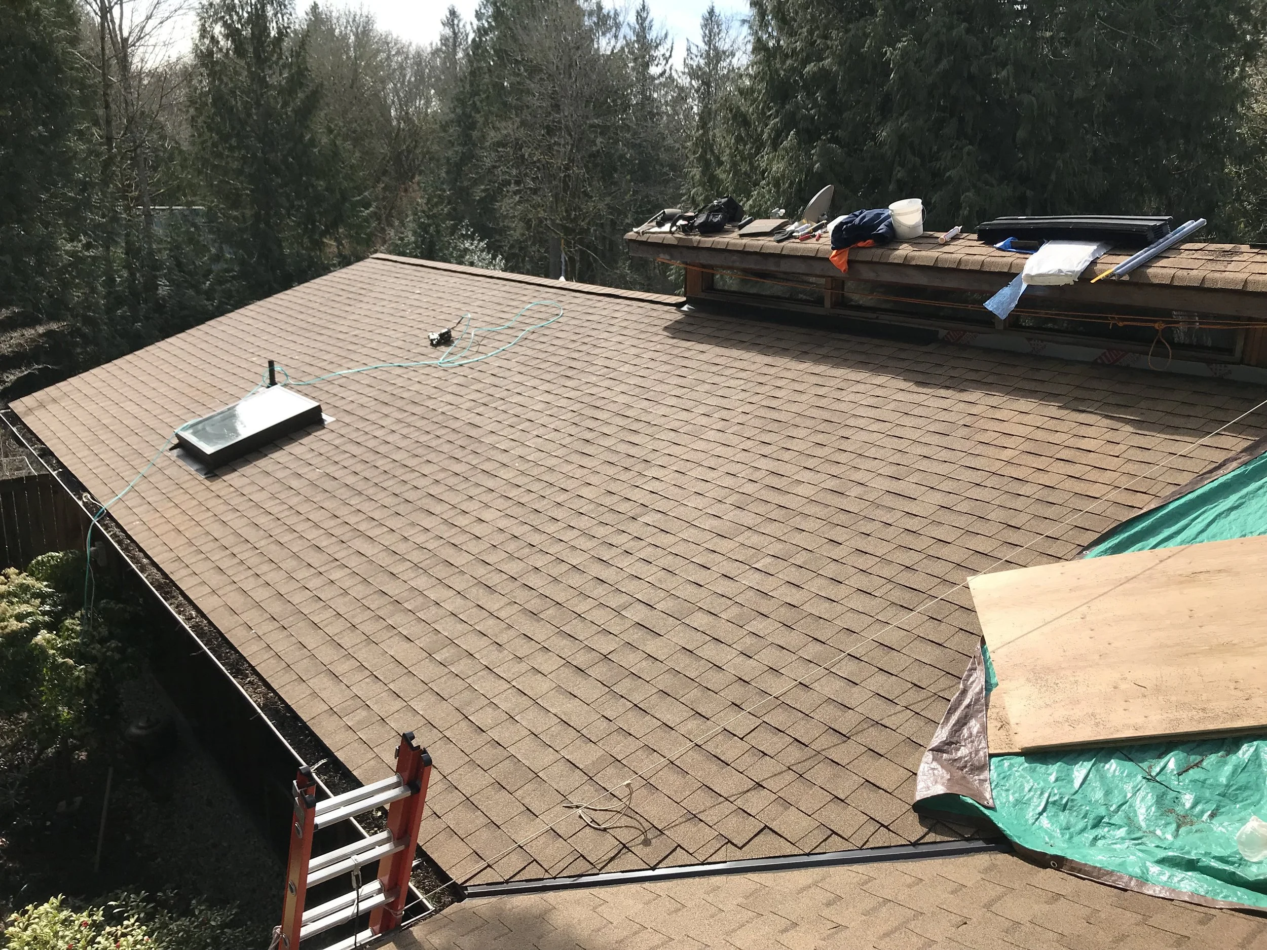 Roof under construction with tools and materials scattered on the ridge, including ladder, tarp, and various construction items, surrounded by tall trees.