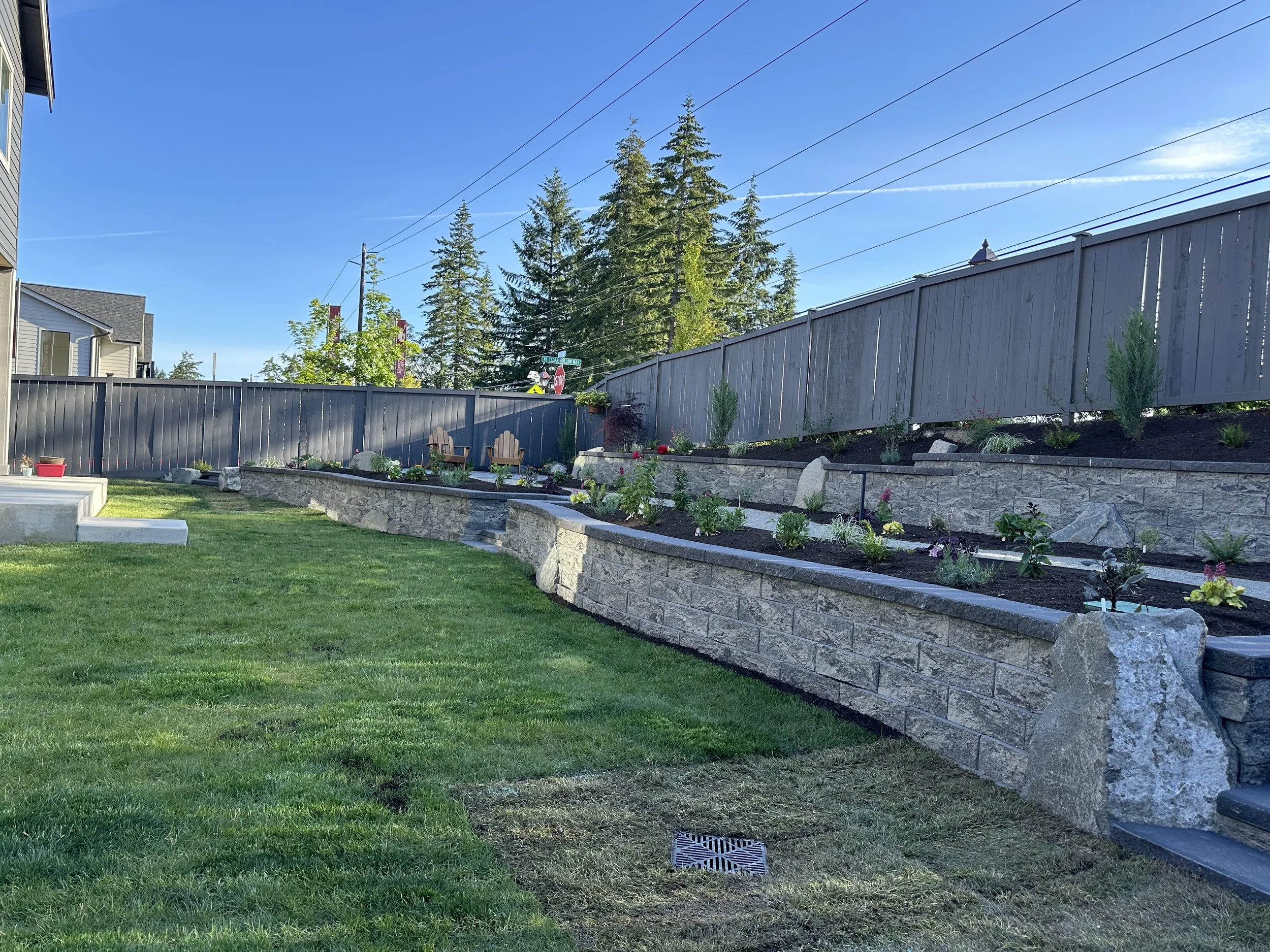 A backyard garden with a grassy lawn, flower beds bordered with stone, tall trees, a wooden fence, and neighboring houses visible on the left. There are chairs near the fence and a clear blue sky with some contrails.