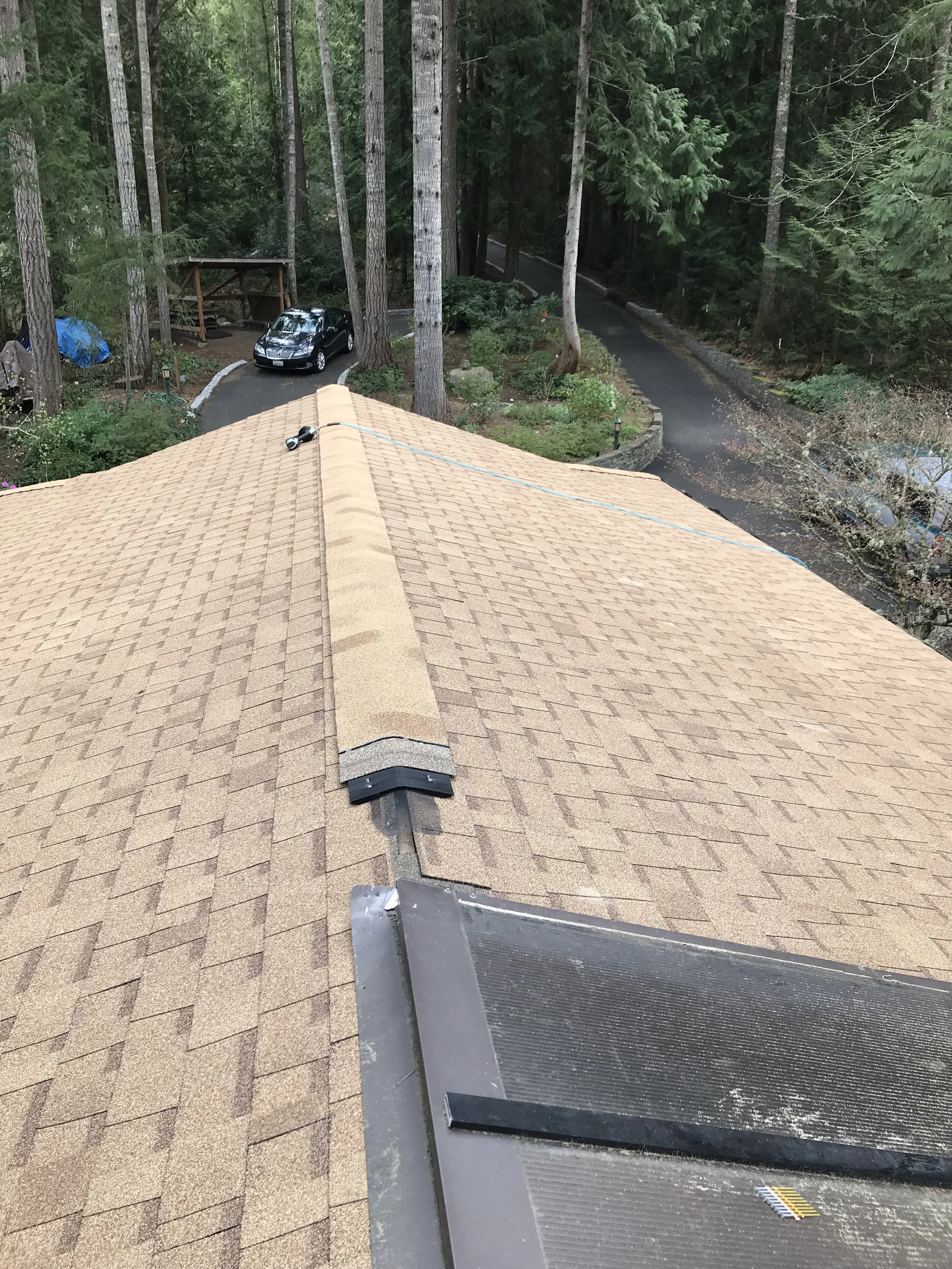 View from a rooftop showing a brown shingled roof, a curved asphalt driveway with a car parked, surrounded by tall trees in a wooded area, and some construction or renovation materials on the roof.