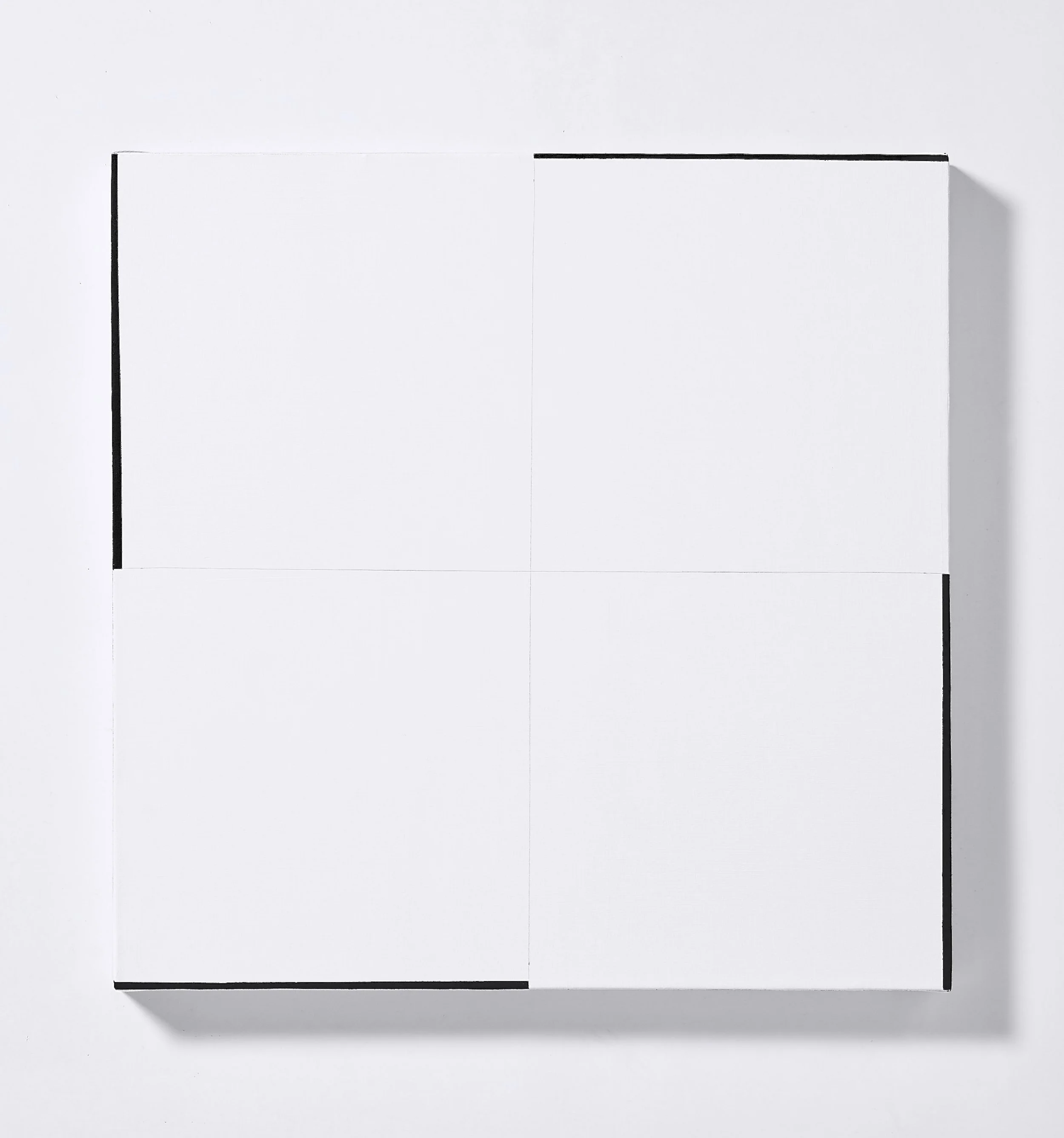Close-up view of a minimalistic, monochrome, geometric abstract art piece with black lines on a white background, creating a grid-like pattern with some lines extending beyond the borders.