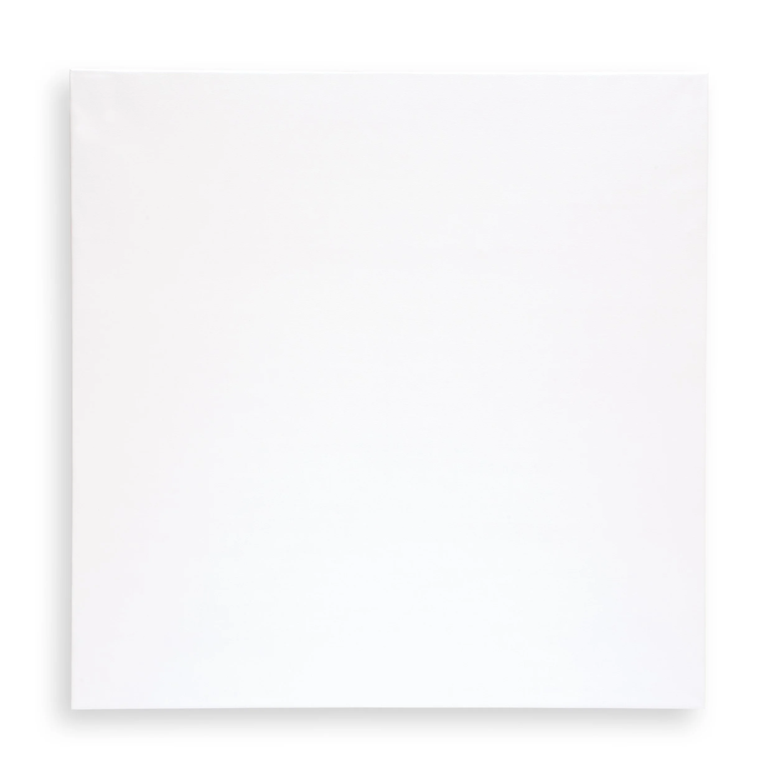 A plain white square box with a slight shadow on the bottom right corner, seen from an overhead angle against a white background.