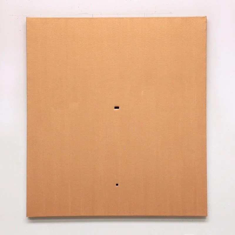 A blank rectangular corkboard with two small black rectangular holes near the center.
