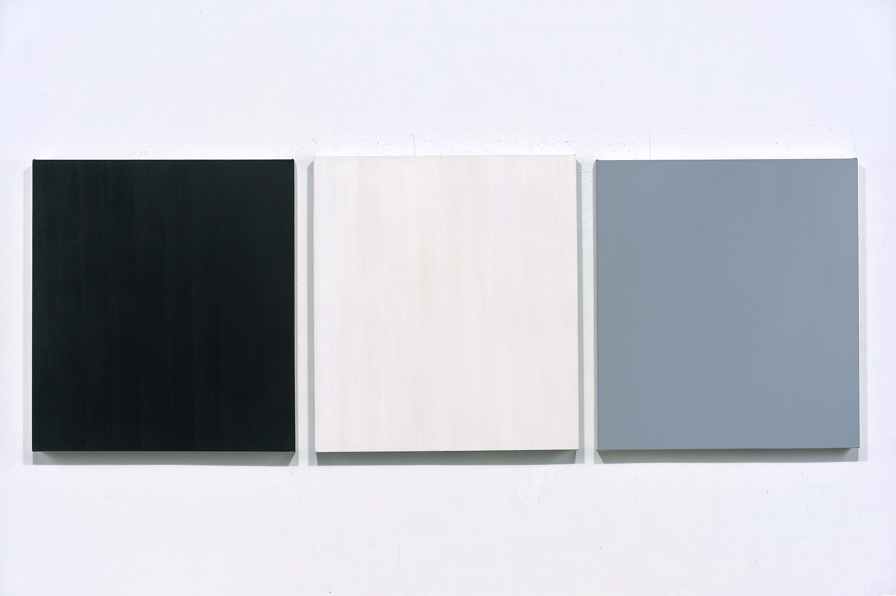 Three color swatches on a white background: black on the left, white in the middle, and gray on the right.