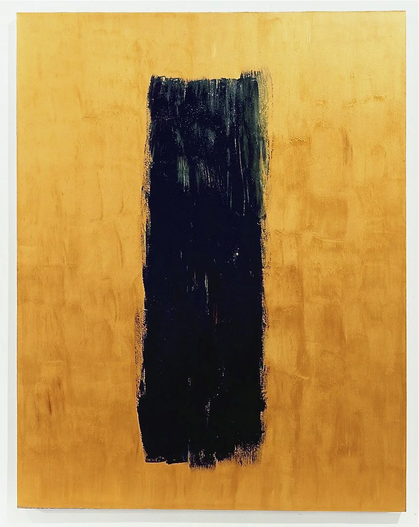 Abstract painting with a large black vertical streak on a yellow background.