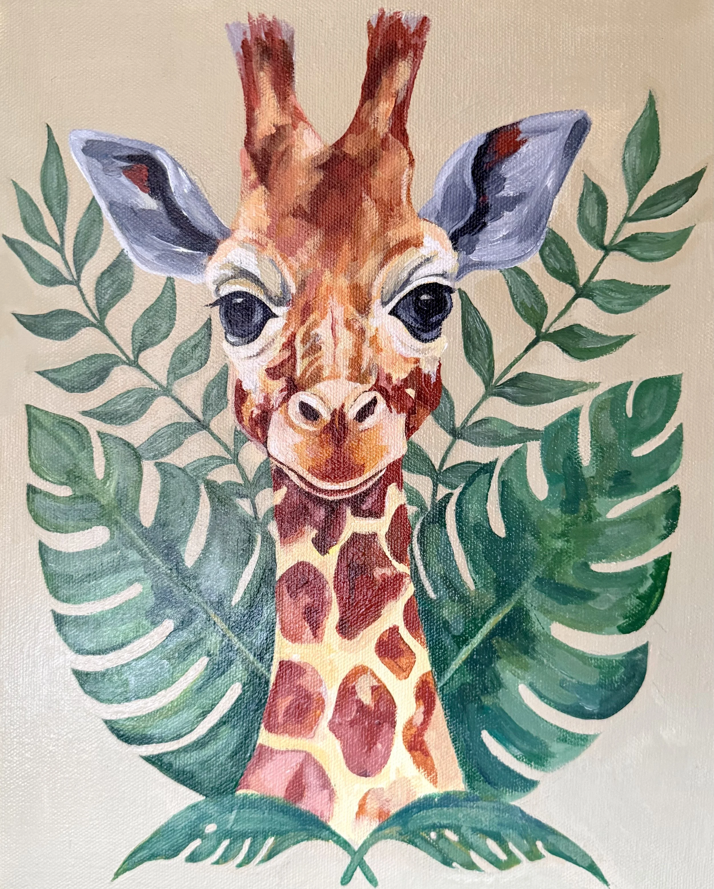A watercolor painting of a giraffe surrounded by green leaves.