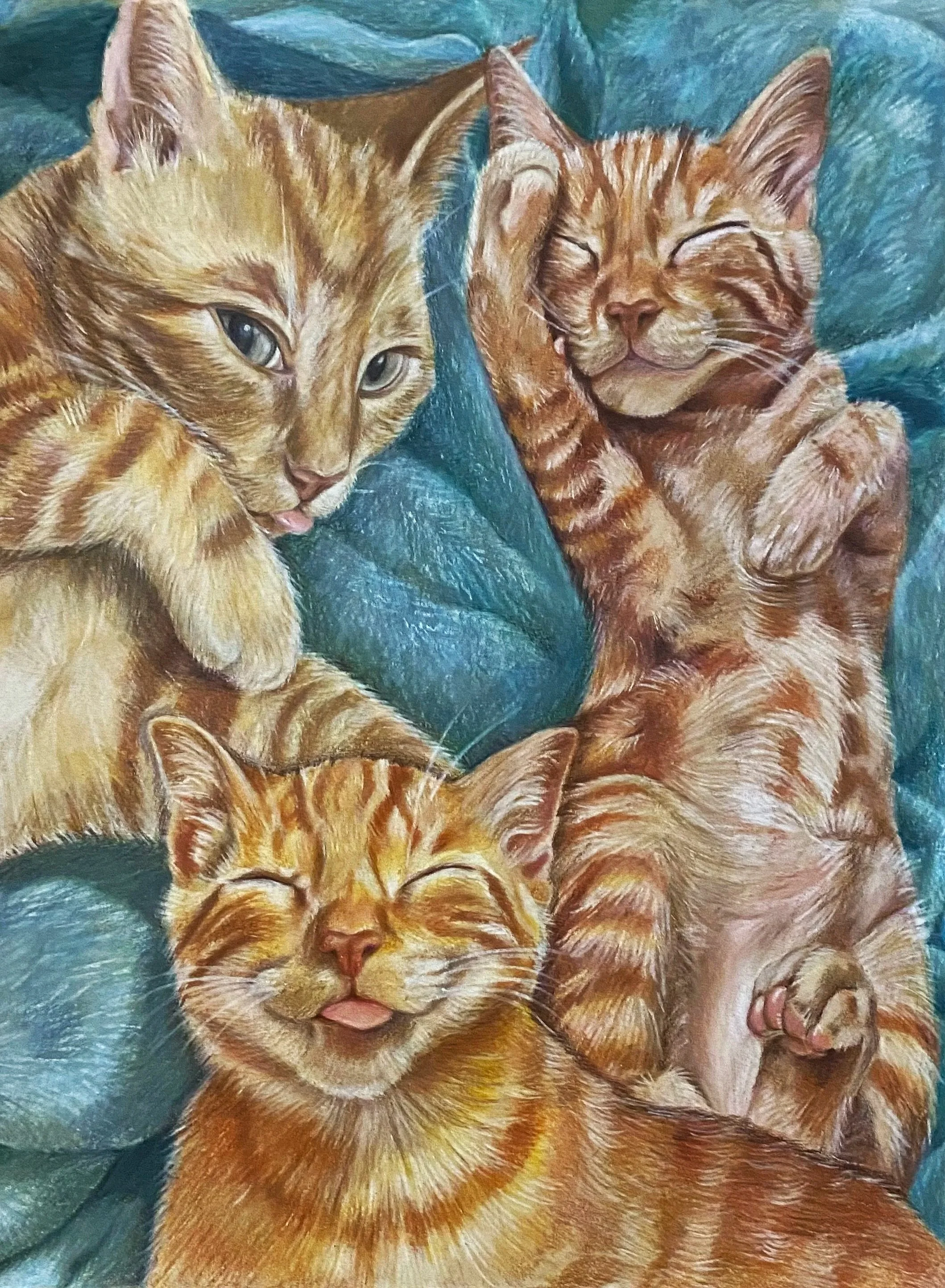 A painting of four orange tabby cats cuddling on a blue blanket, with the top two cats appearing to sleep and the bottom two cats relaxing with their eyes closed.