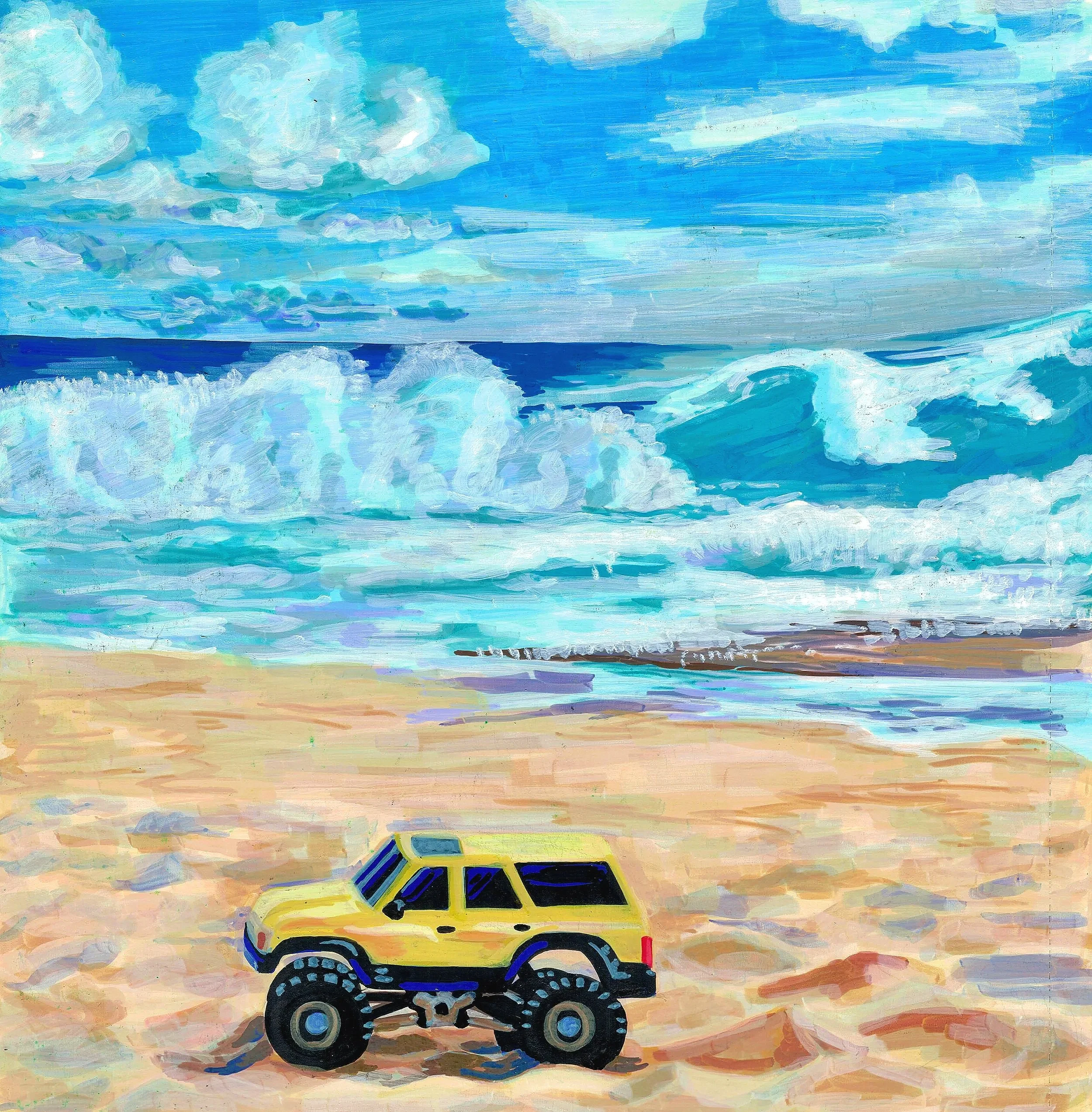 A colorful painting of a yellow off-road vehicle driving through a sandy landscape with a vast ocean and a bright blue sky with white clouds in the background.