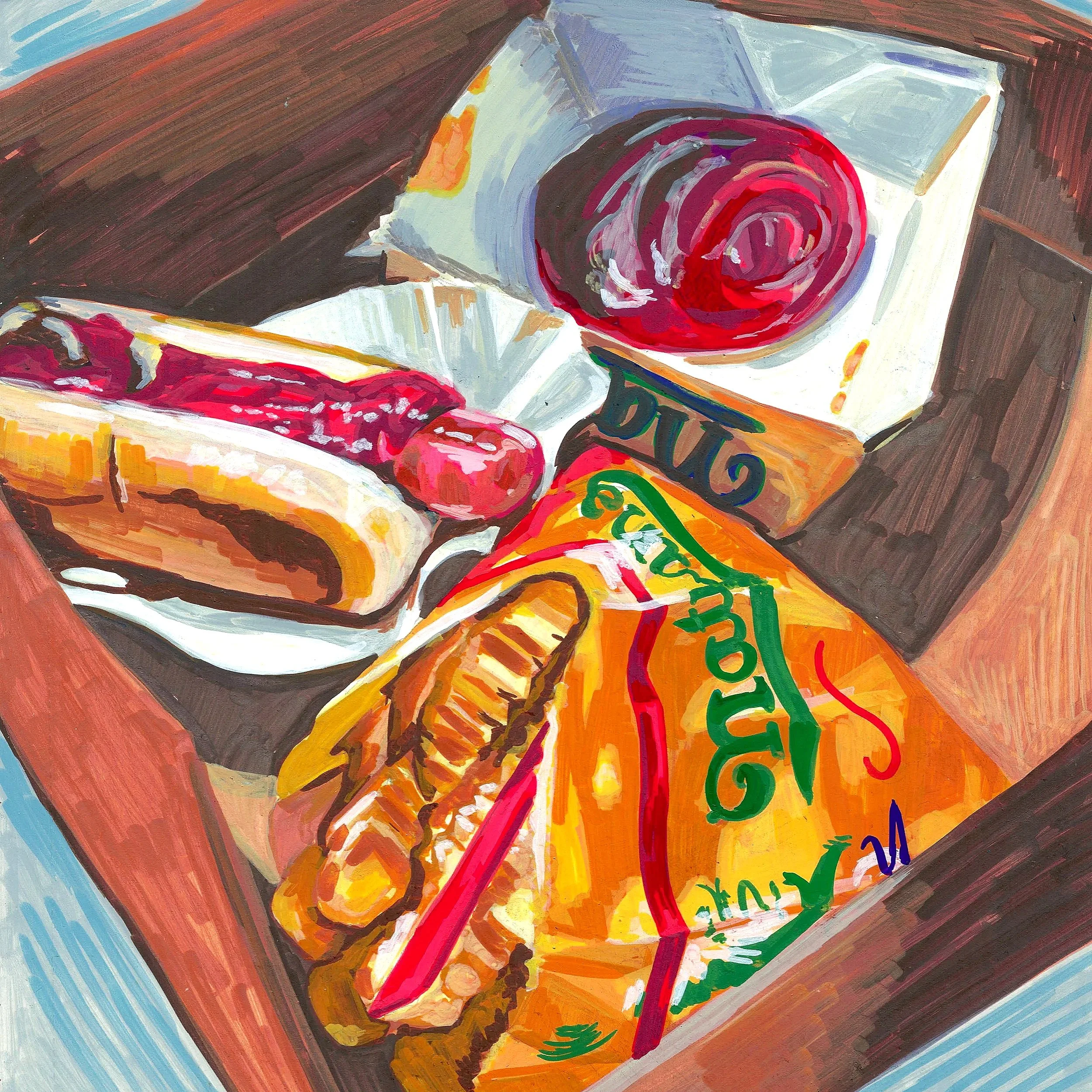 Colorful abstract painting of a package of meat with a red circle, green writing, and a yellow section, placed on a tray with yellow edges, on a dark brown background.