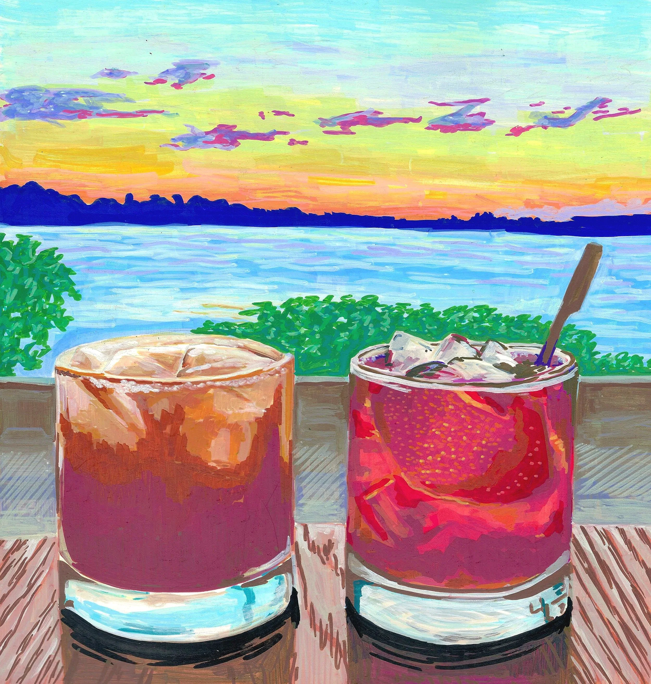 Brightly colored painting of two cups filled with a liquid, possibly coffee or tea, on a table with a background of a sunset sky over a body of water, with mountains in the distance and greenery in the foreground.