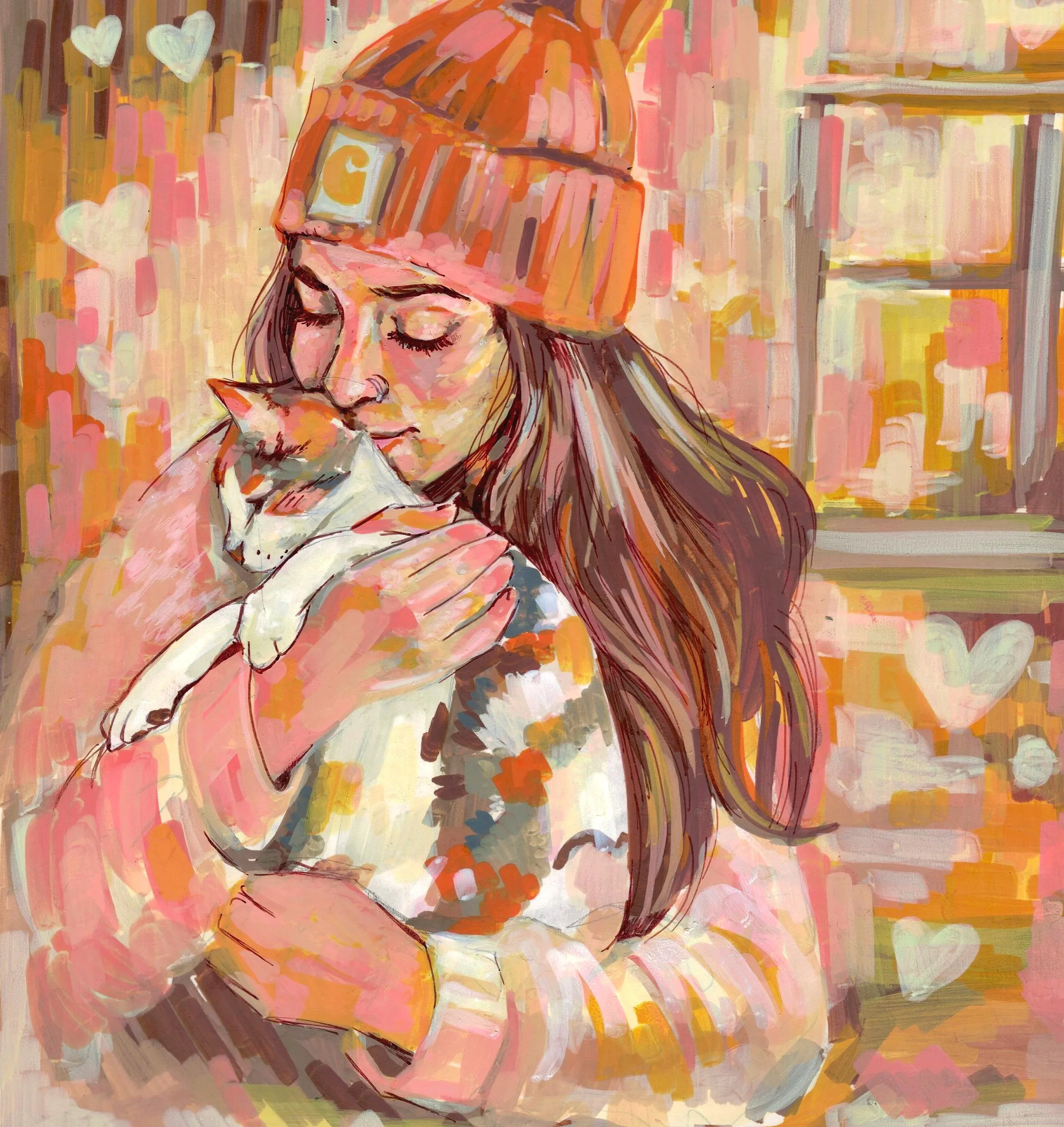 A painting of a person with long hair wearing a colorful beanie hat with a yellow letter G on it, holding a cat near their face. The background features hearts and pastel colors.
