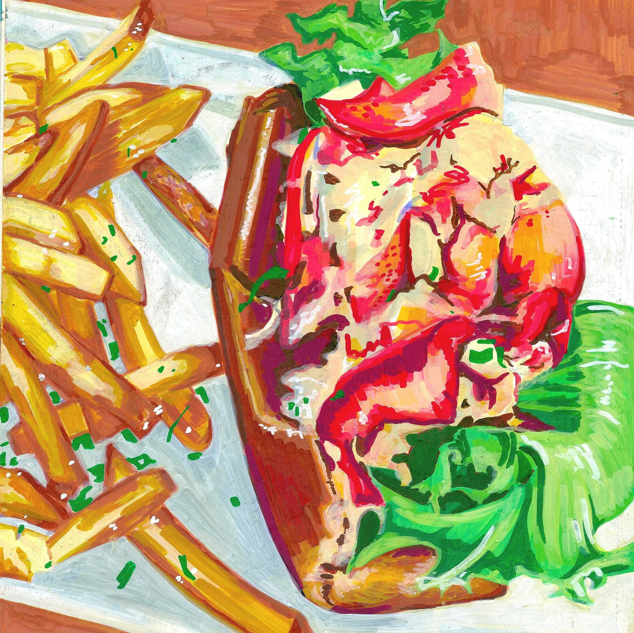 Colorful painting of sliced French fries and a burger with lettuce, tomato, and onion on a plate.