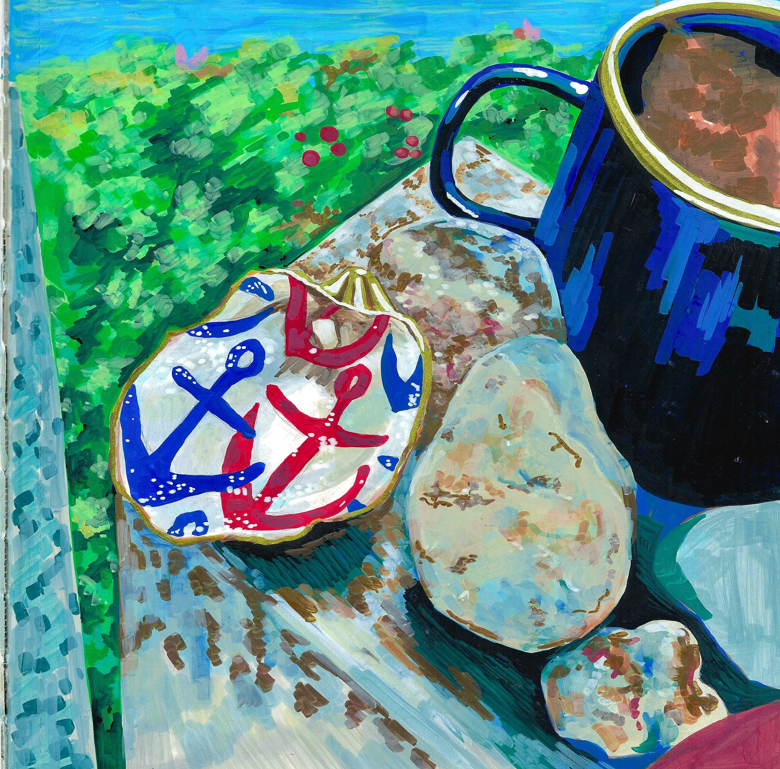 Colorful abstract painting of a cup of coffee with a spoon, a plate with decorative patterns, and a green leafy background.