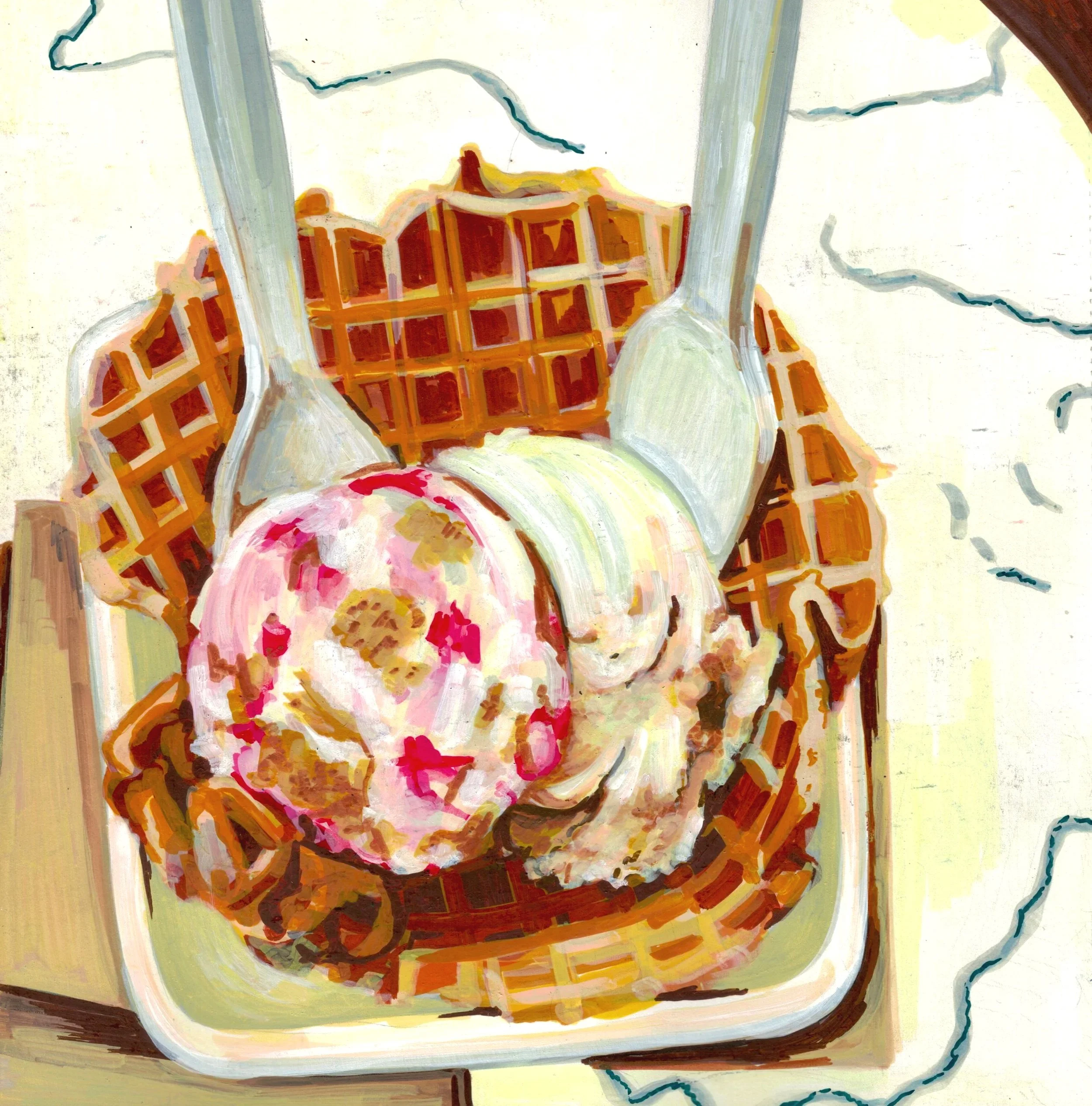 A painting depicting several waffle cones, some filled with ice cream and others empty, surrounded by loosely painted blue and white abstract lines.