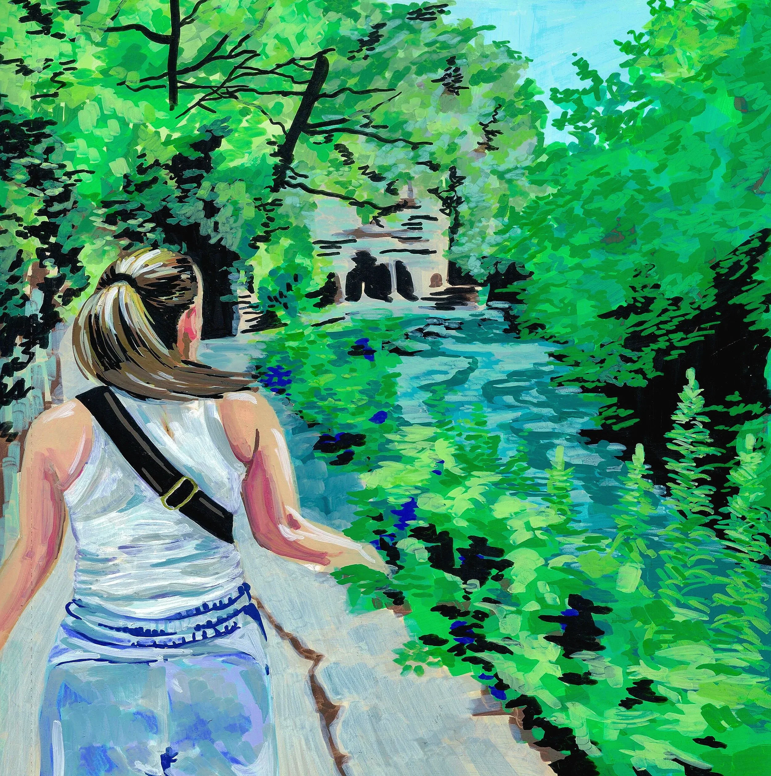 A vibrant, impressionistic painting of a lush green outdoor scene with a person walking through a park or forest. The person has long blond hair, is wearing a white sleeveless top, and is carrying a black strap across their shoulder. The background f