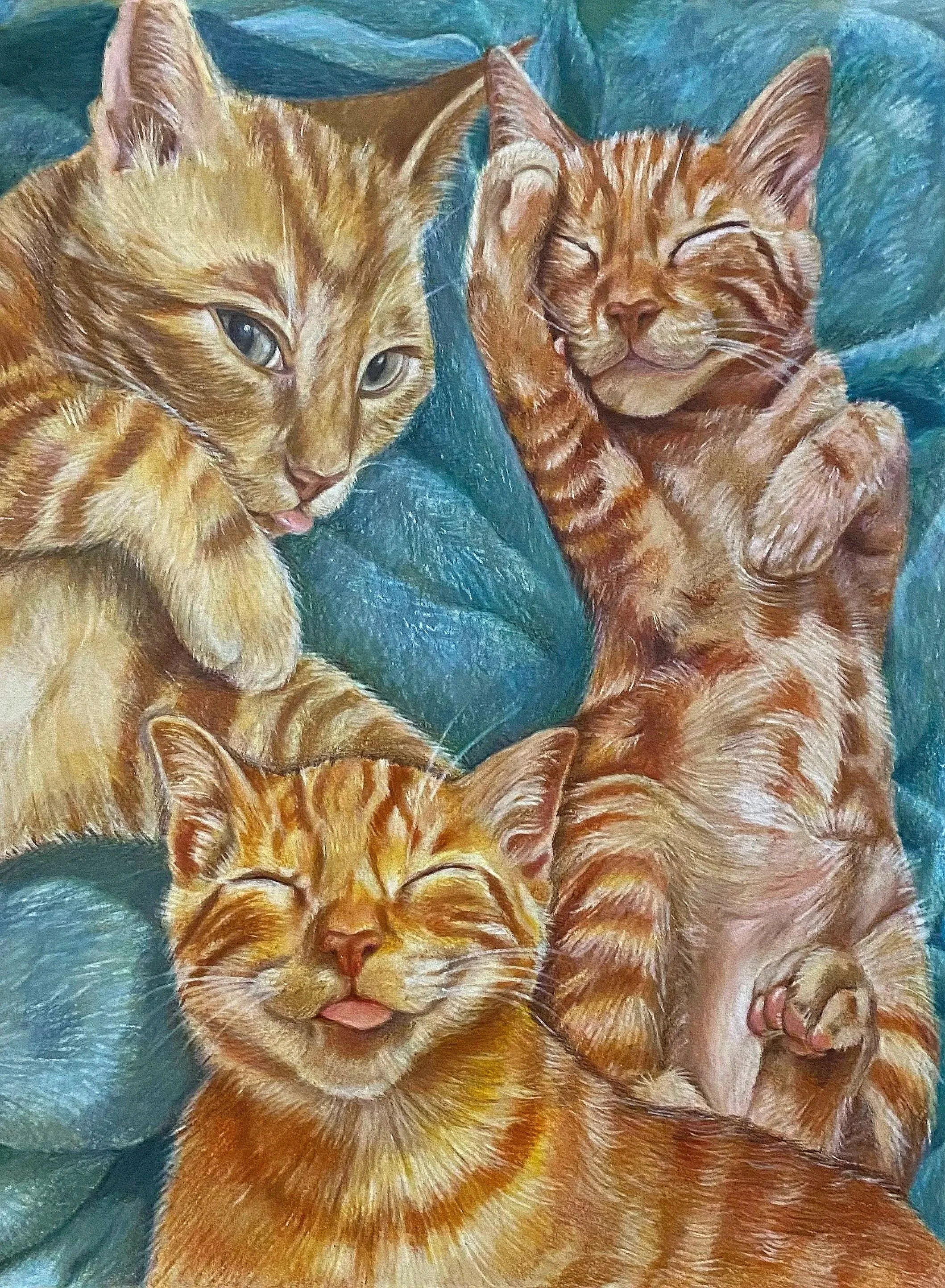 Painting of two orange tabby cats sleeping on a blue blanket, with one cat facing forward and the other with closed eyes.