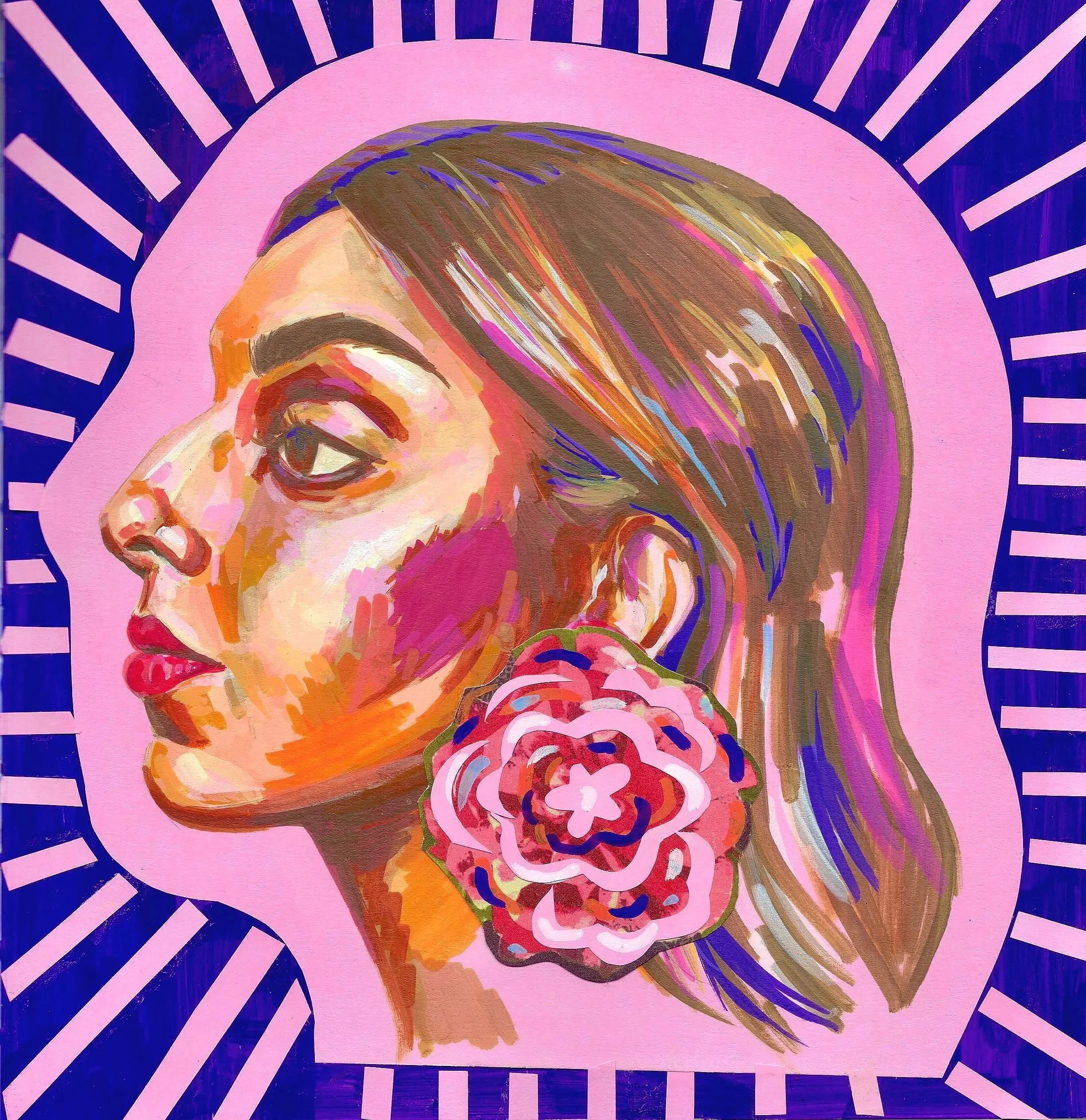 Colorful painting of a woman with short hair, holding a brain in her hand, with a pink background and a circular purple and lavender border.