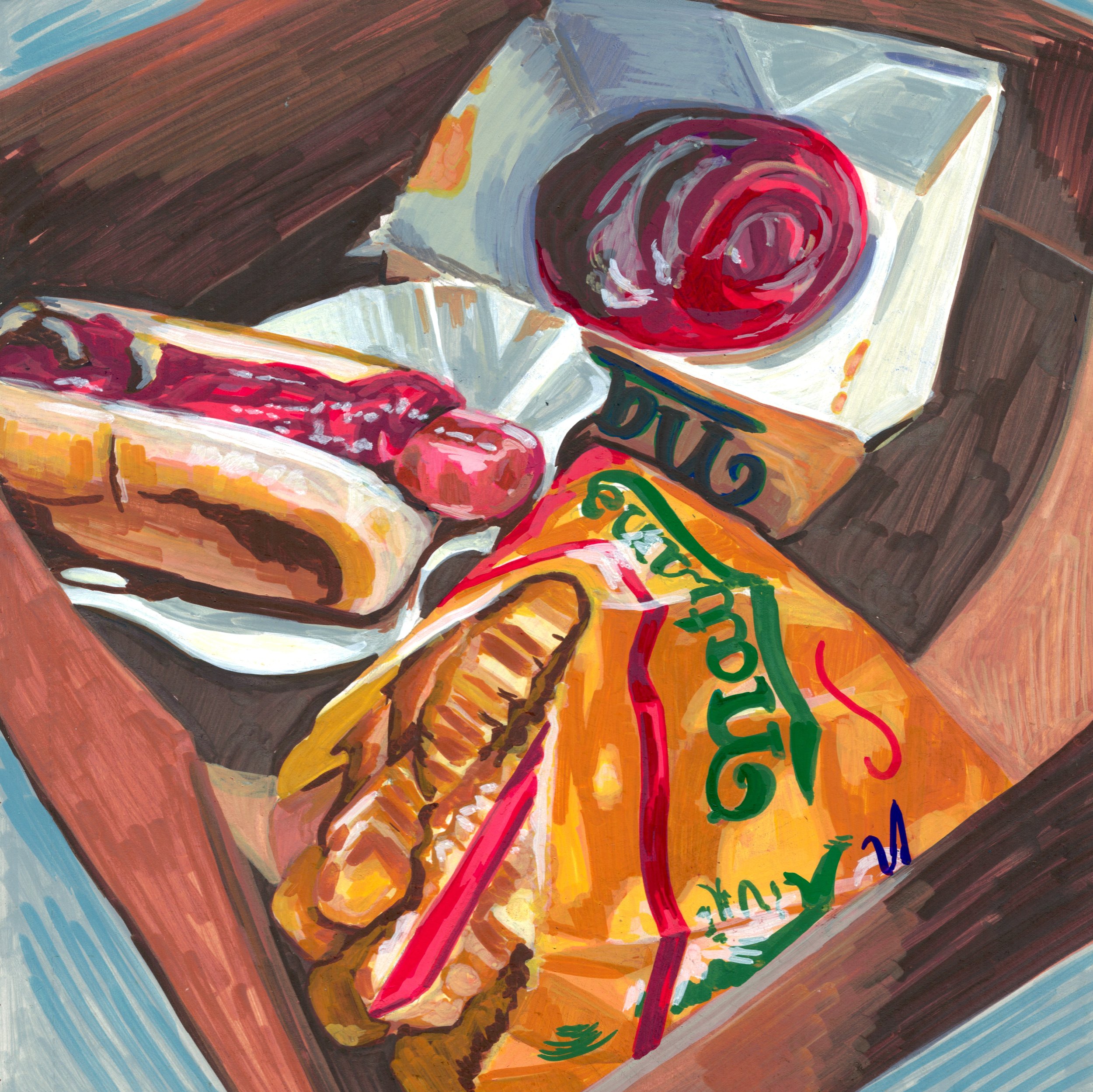 A painting of a white disposable coffee cup with a red spiral design and a green and red logo, placed on a dark wooden surface. There is also a partially visible container with a red sauce and a napkin.
