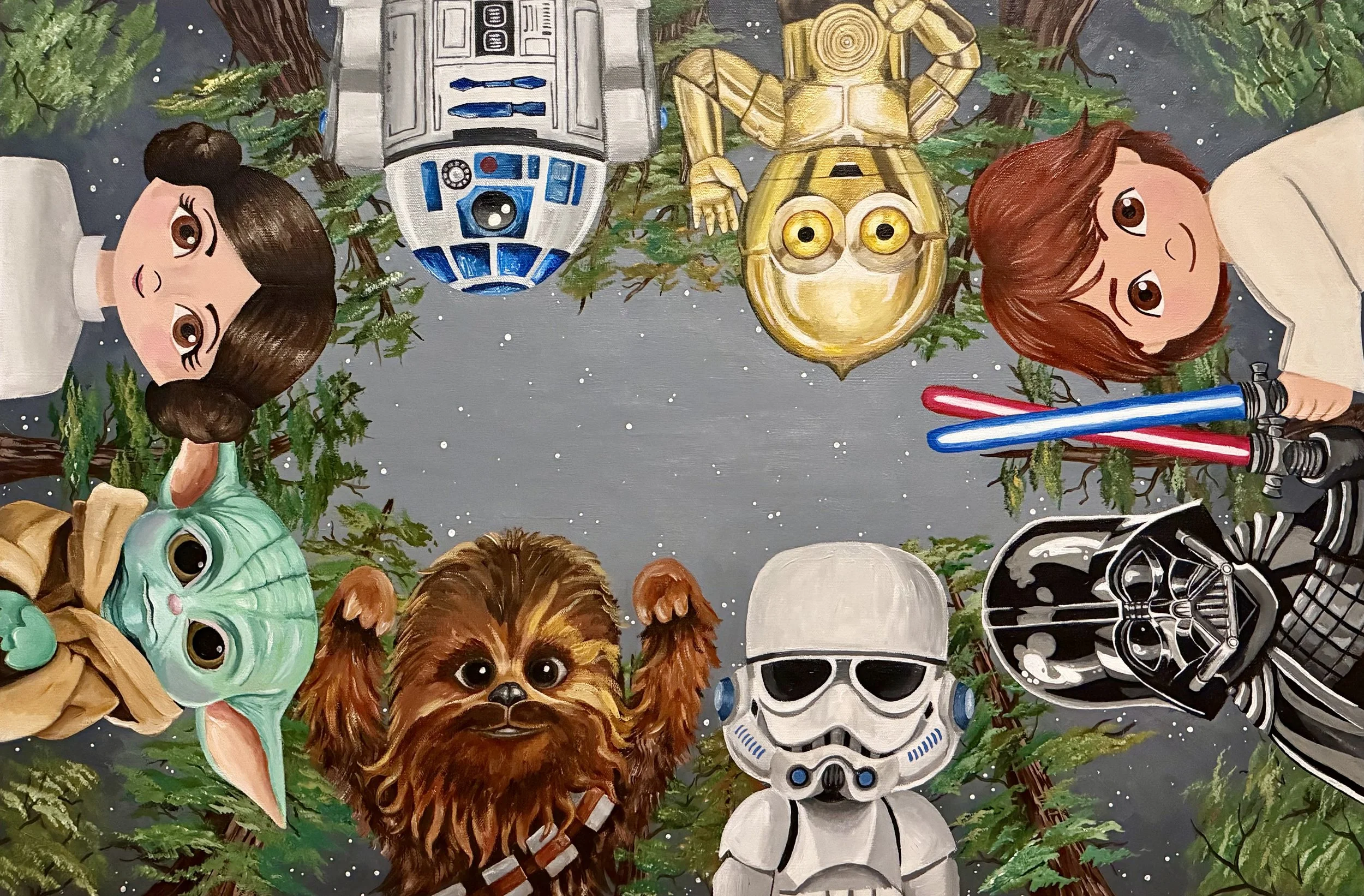 A collection of cartoon characters from Star Wars, including Princess Leia, R2-D2, C-3PO, Chewbacca, a Stormtrooper, Darth Vader, and others, surrounded by green leaves and a starry background.