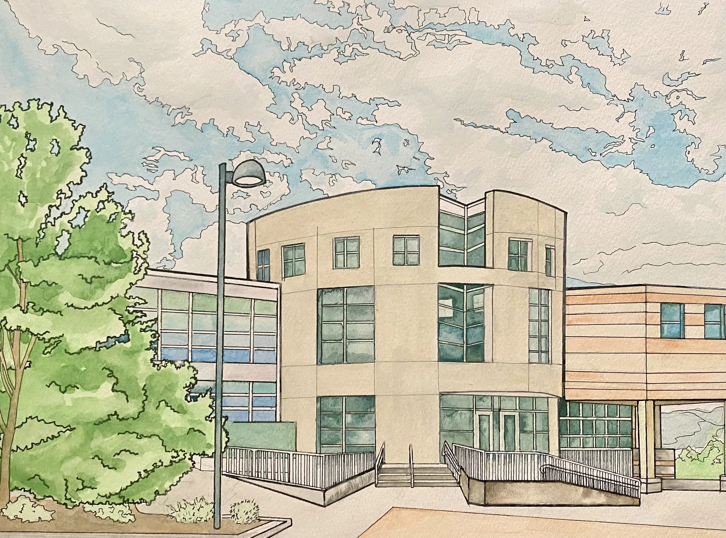 An artistic illustration of a modern building with curved architecture, surrounded by trees and a streetlamp, under a cloudy sky.