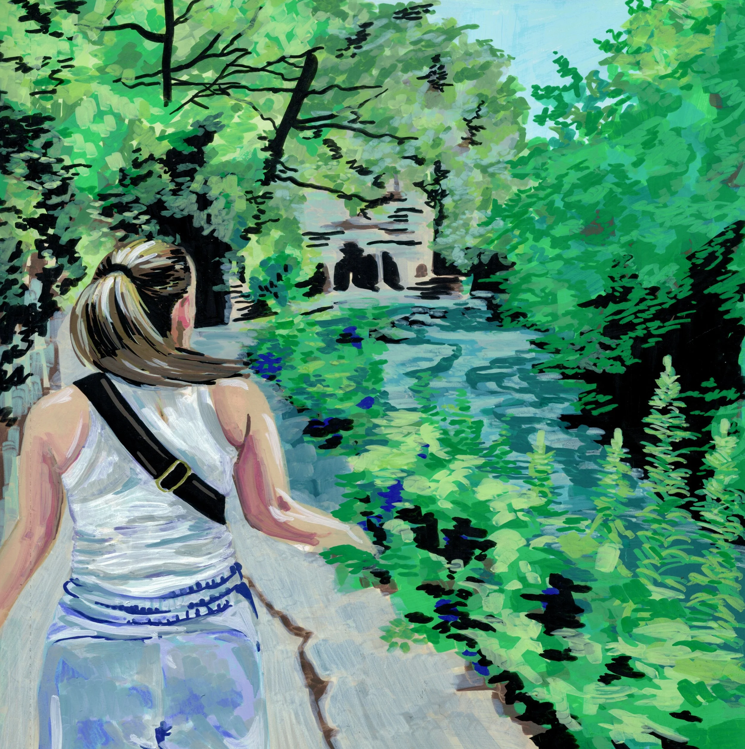 Painting of a girl with long hair sitting by a water body, surrounded by dense green trees and foliage, with sunlight filtering through