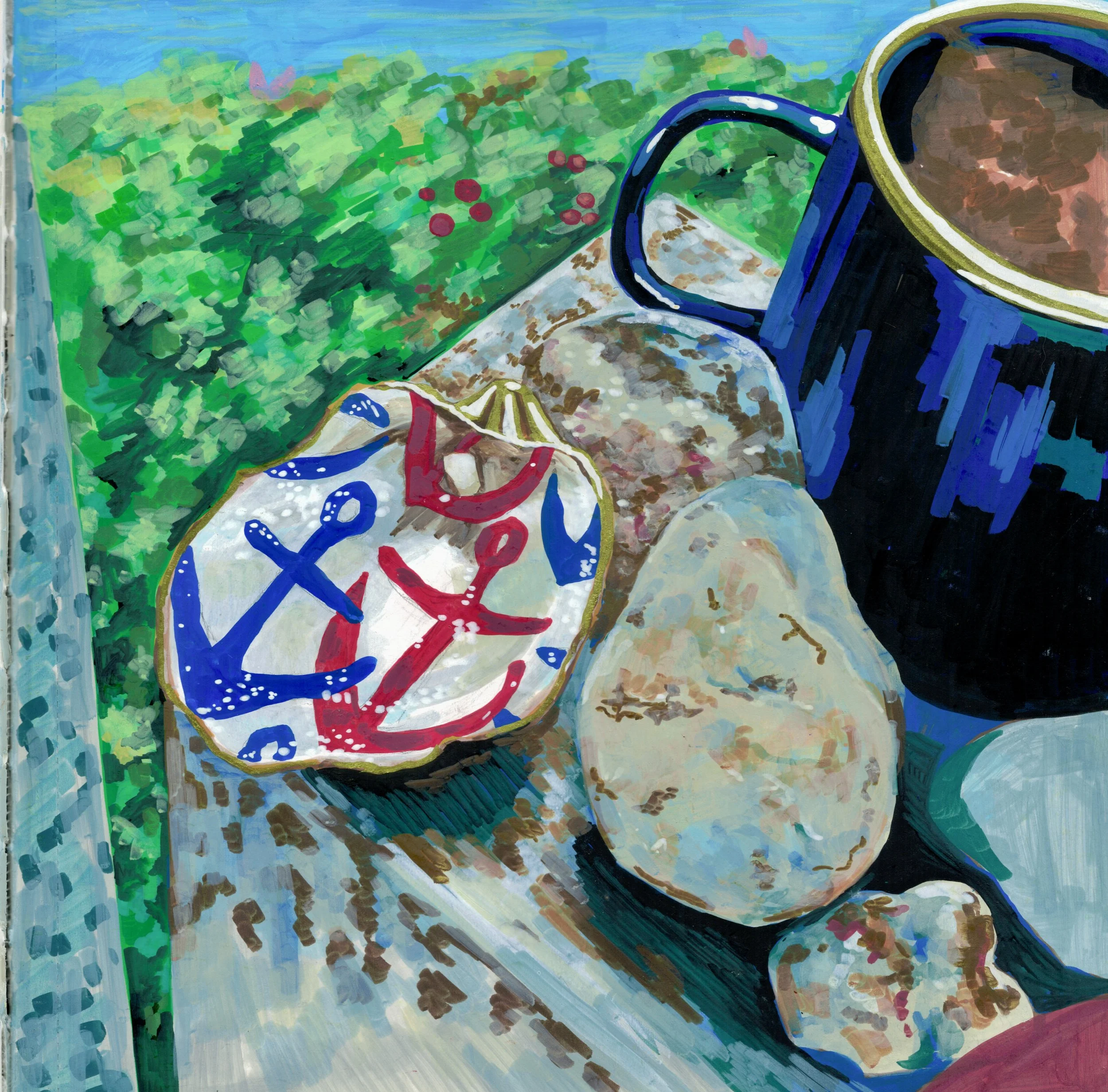 Colorful abstract painting of a garden scene with a flower, a garden hose, a watering can, and a bucket, painted with broad brushstrokes.